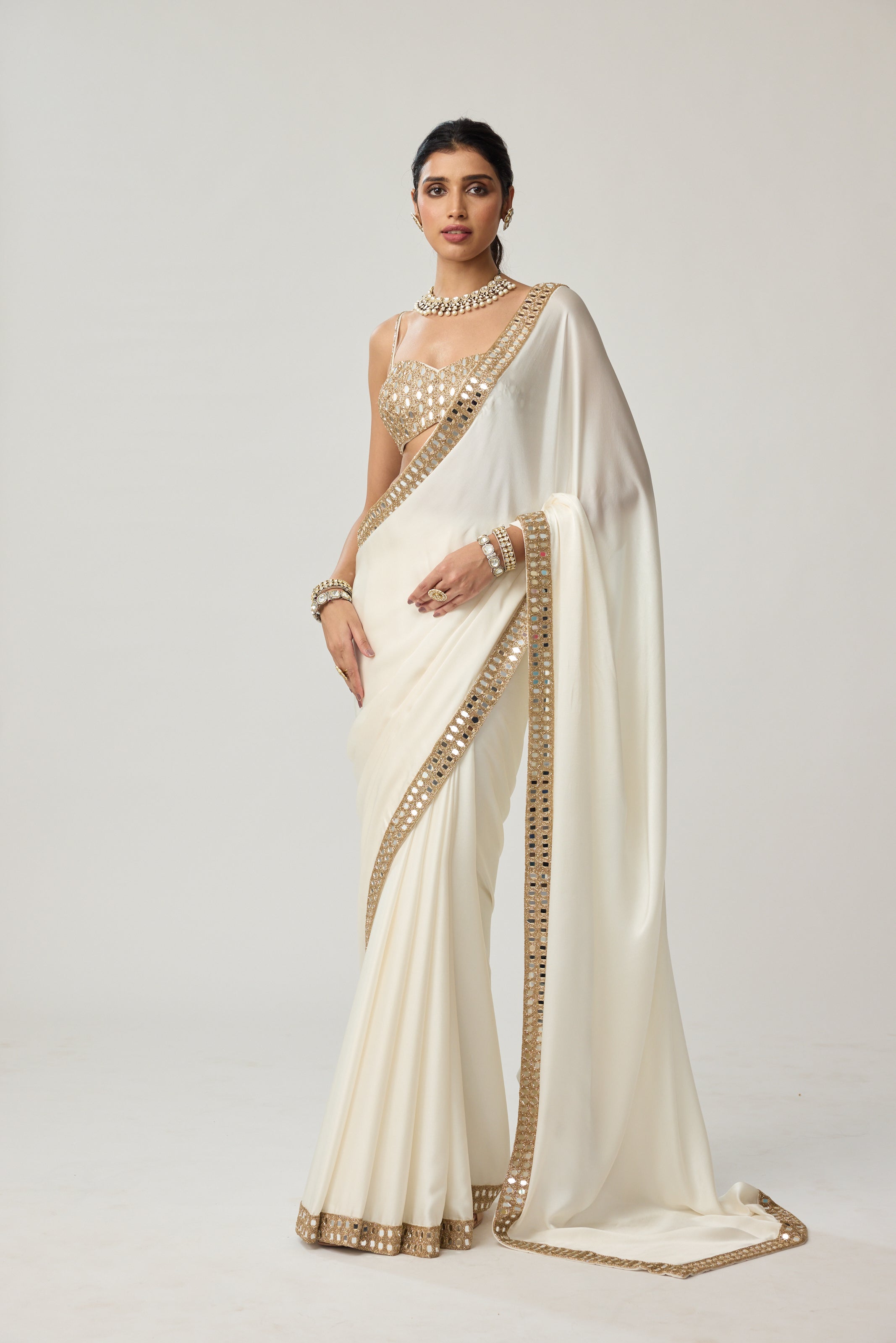 Off White Mirror Satin Saree Set