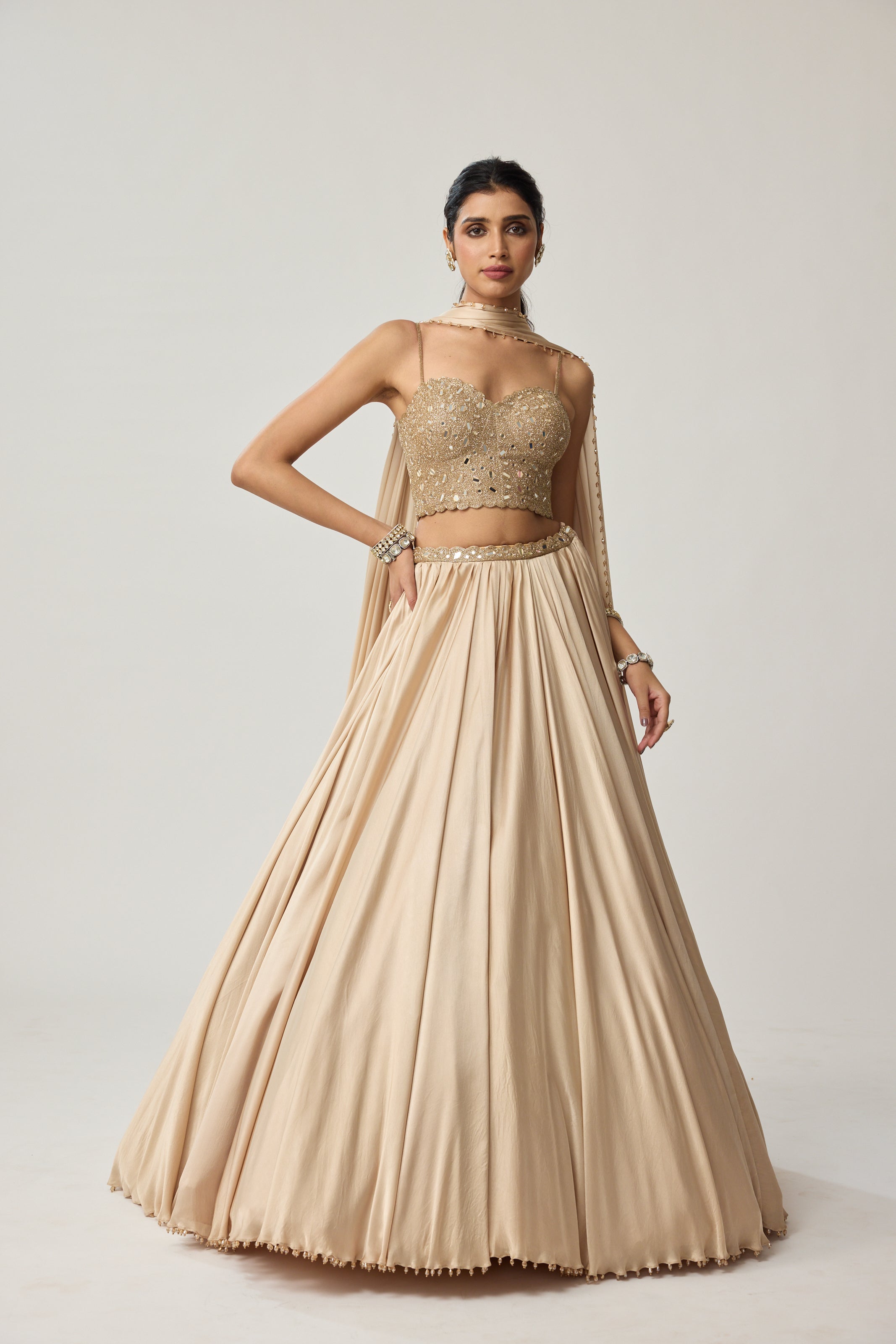 Light Beige Mirror Corset Satin skirt Set