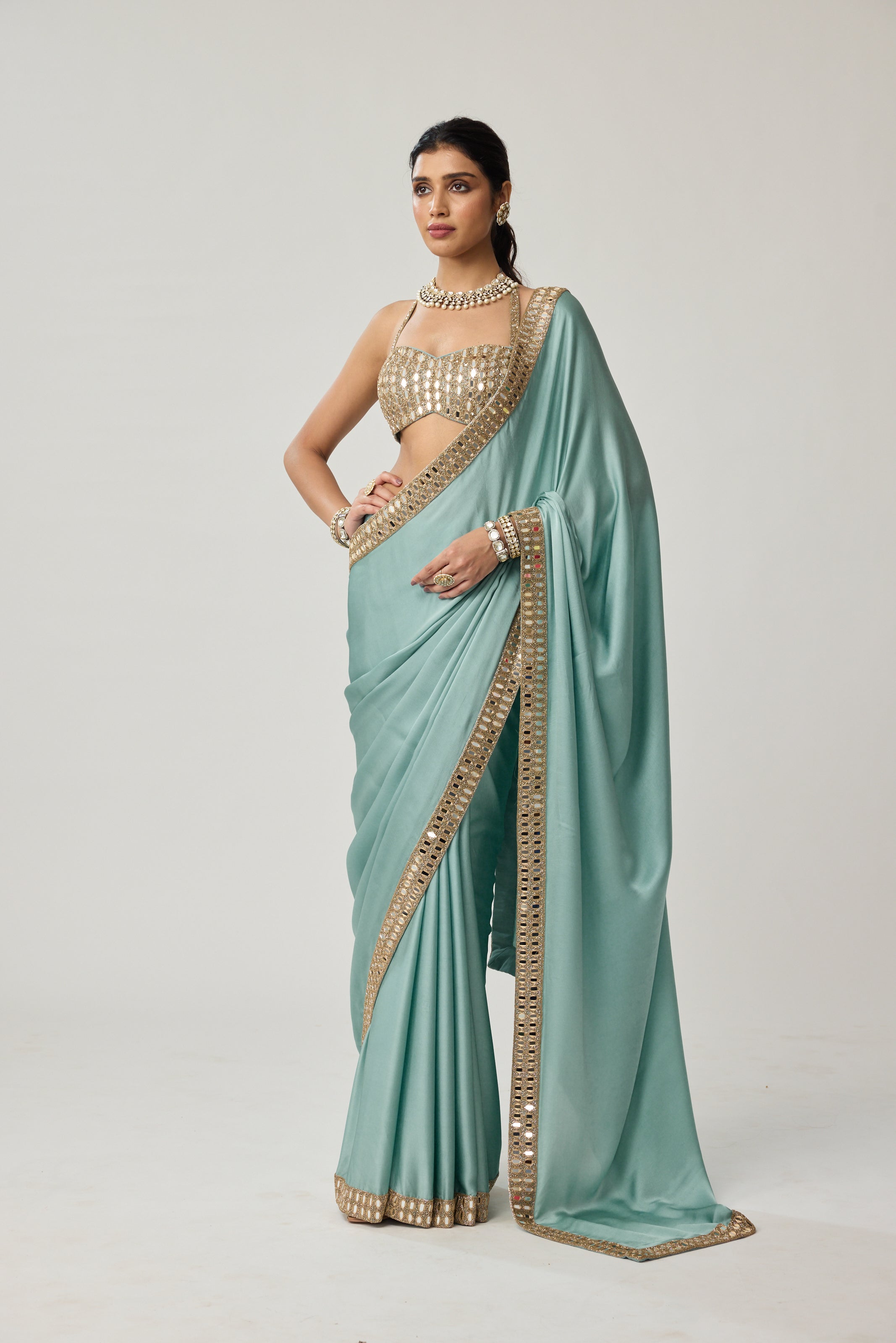 Powder Blue Mirror Satin Saree Set