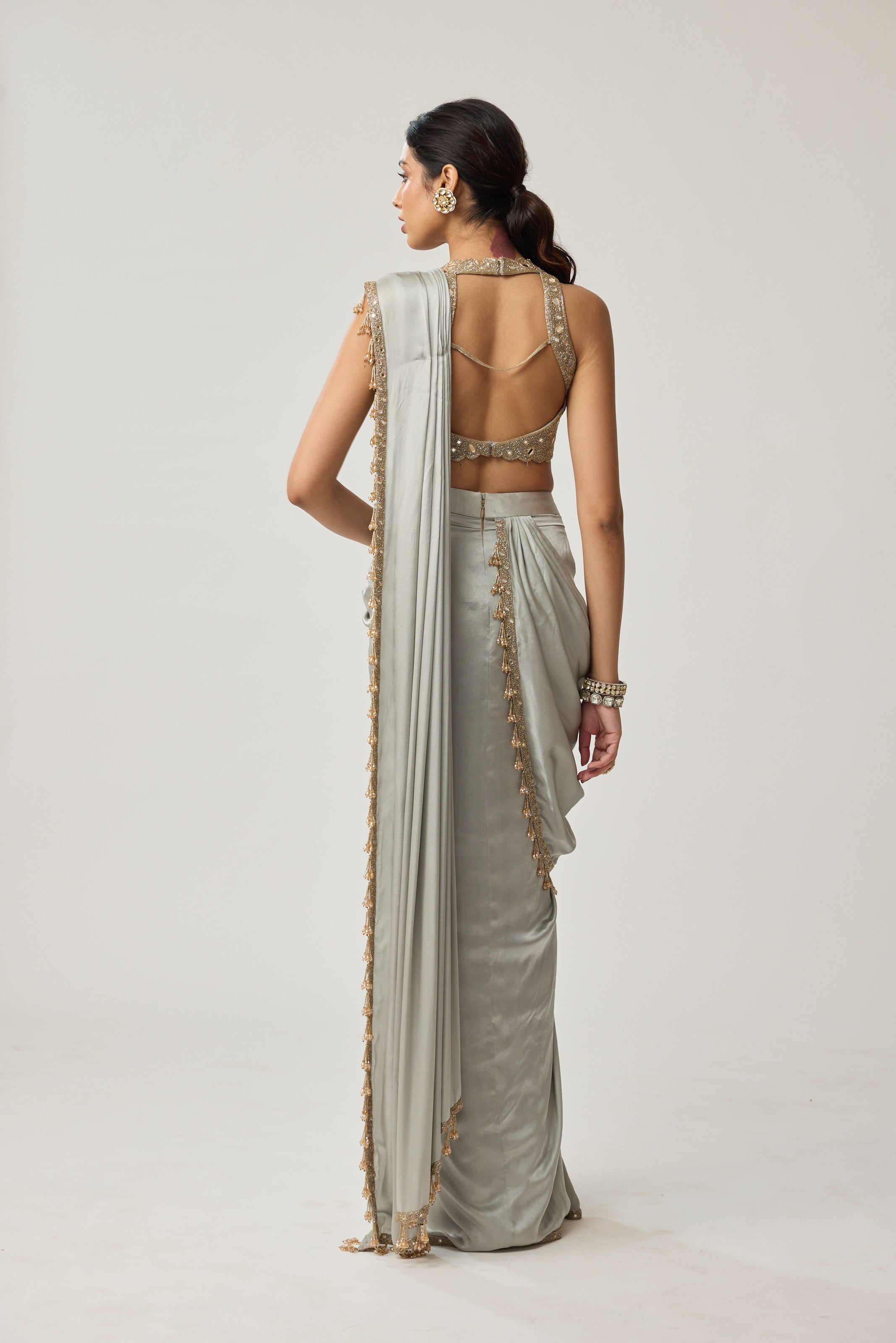 Powder Grey Mirror Satin Saree Set