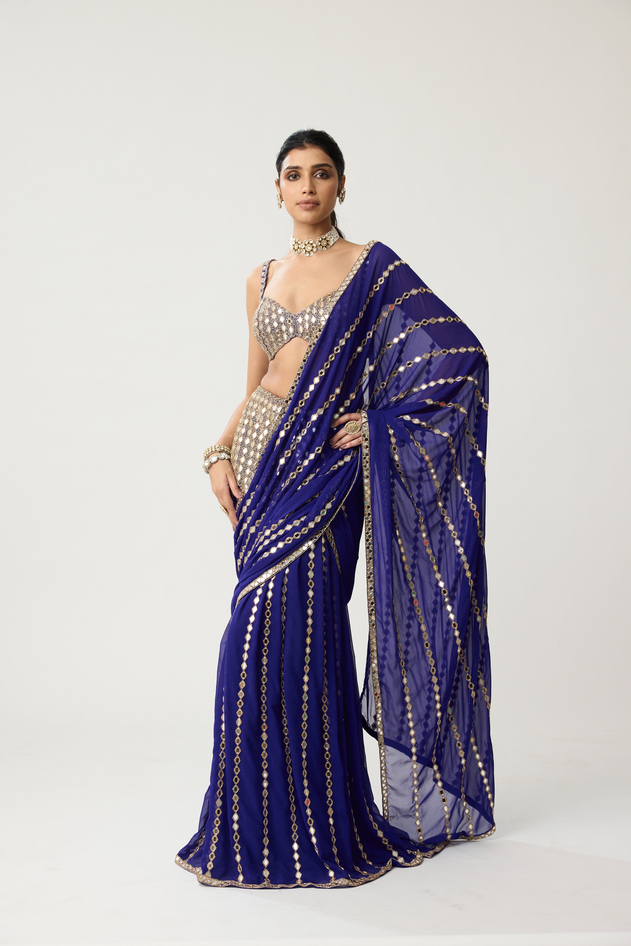 Persian Blue Fitted Linear Mirror Saree Set