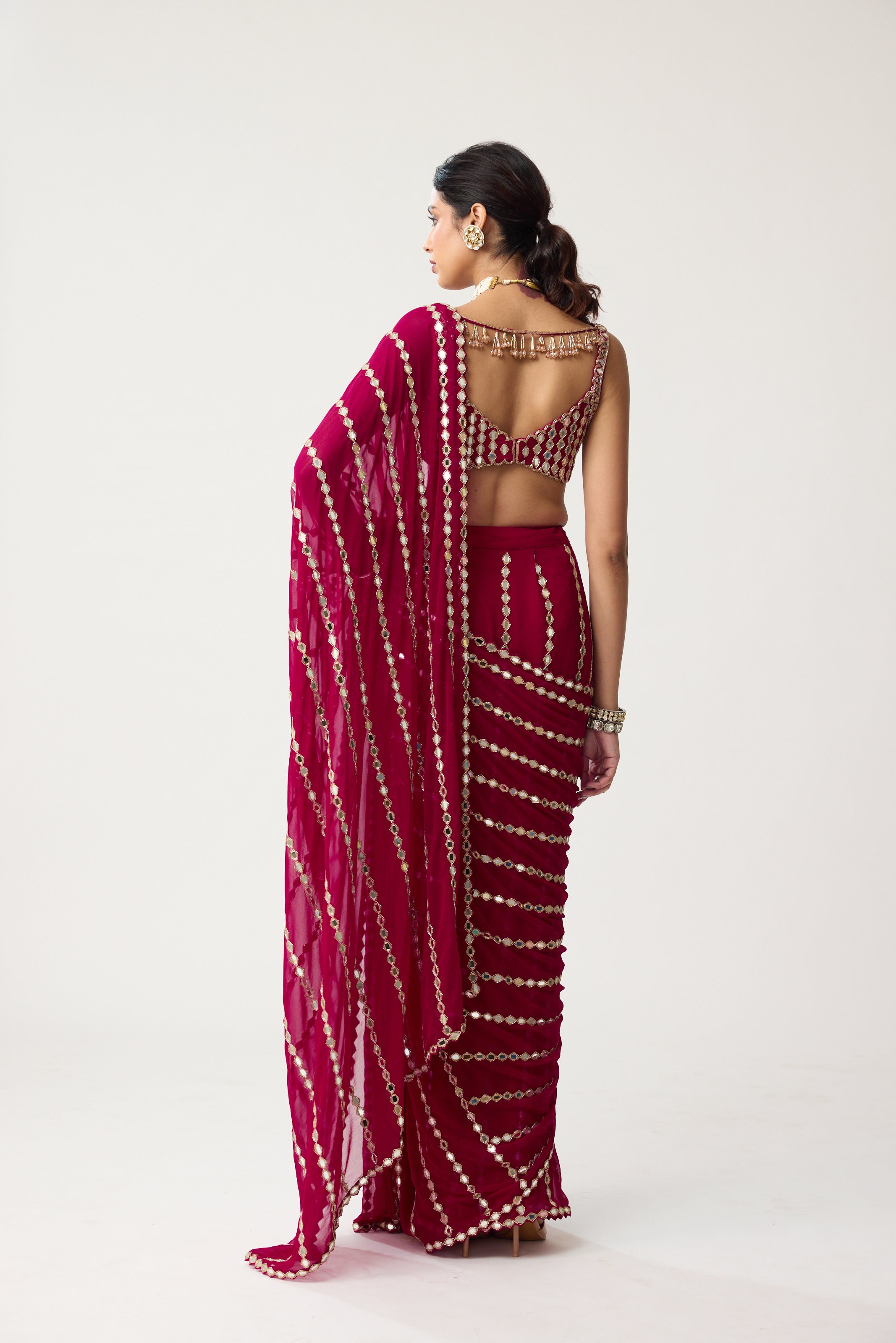 Ruby red Linear Mirror Saree Set