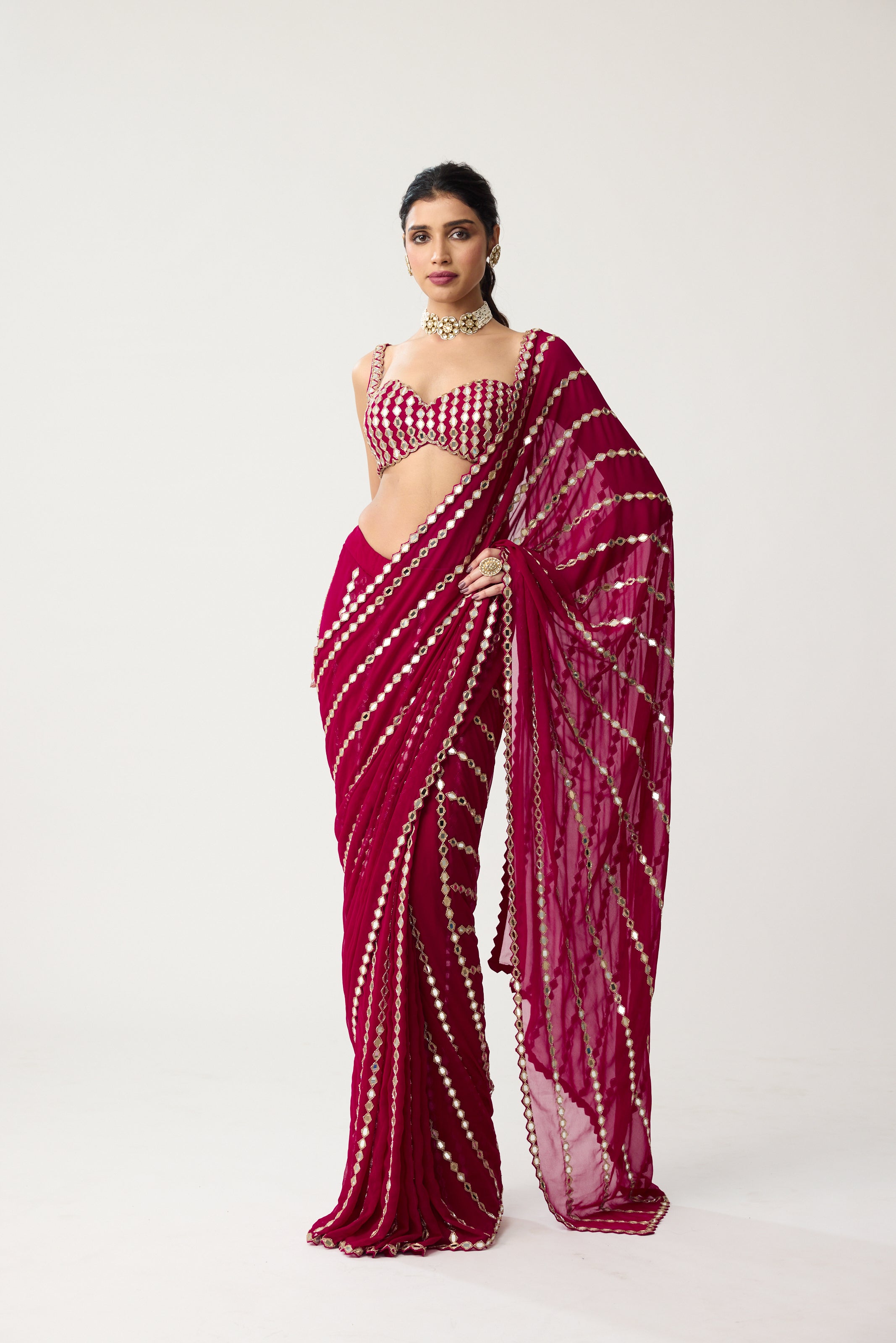 Ruby red Linear Mirror Saree Set