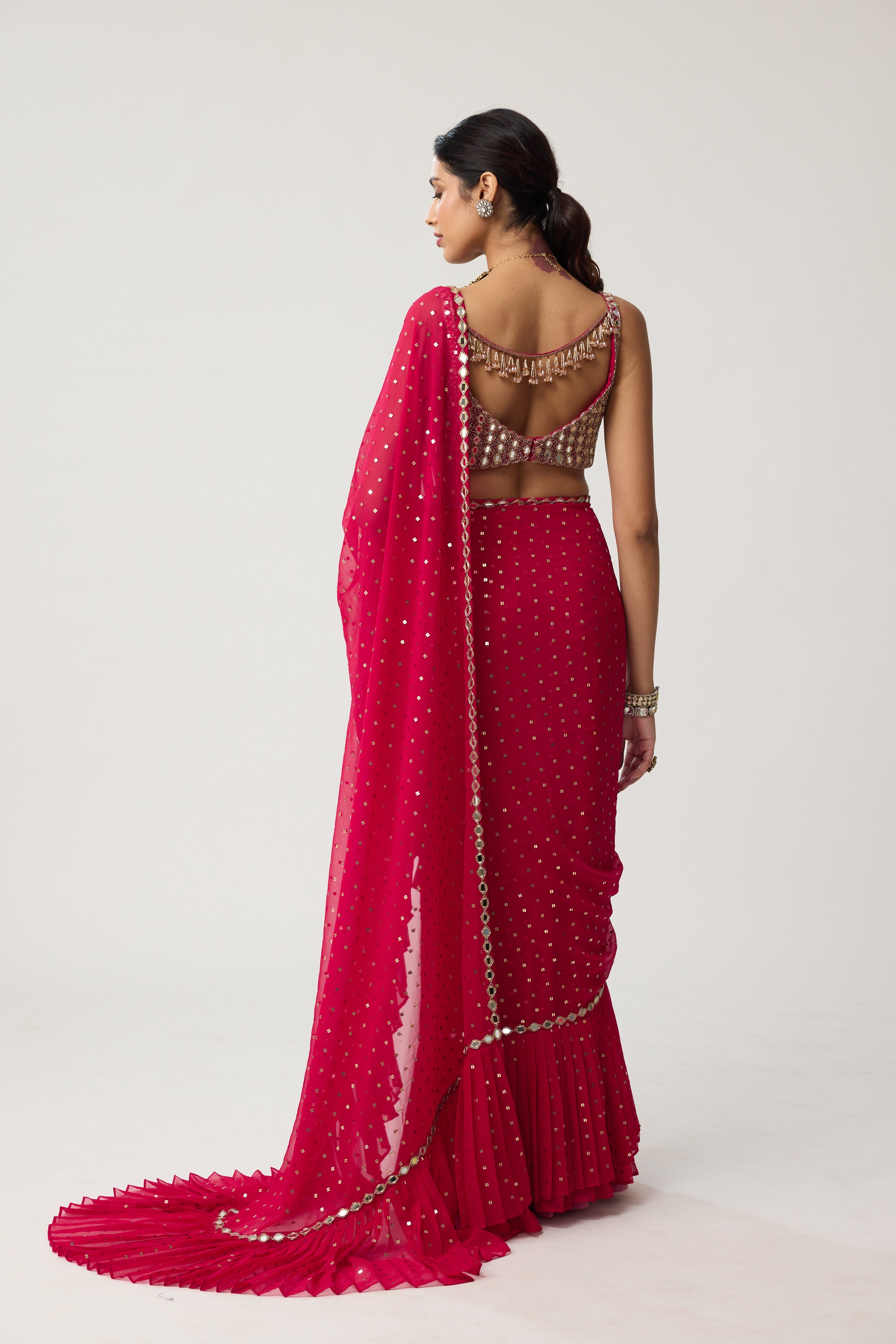 Crimson Red Ruffle Sequins Mirror Saree Set