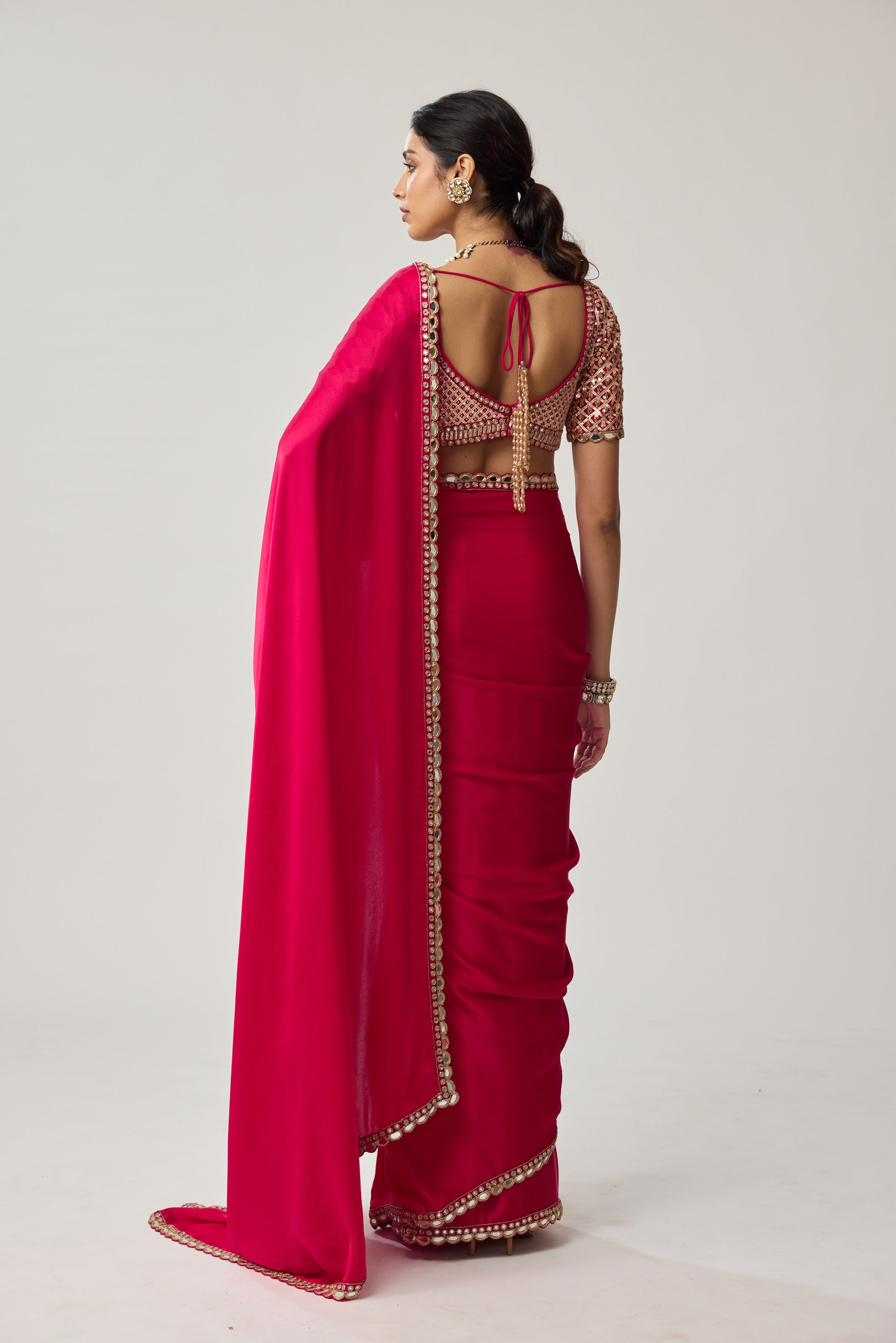 Crimson Red Mirror embroidered Georgette Saree Set