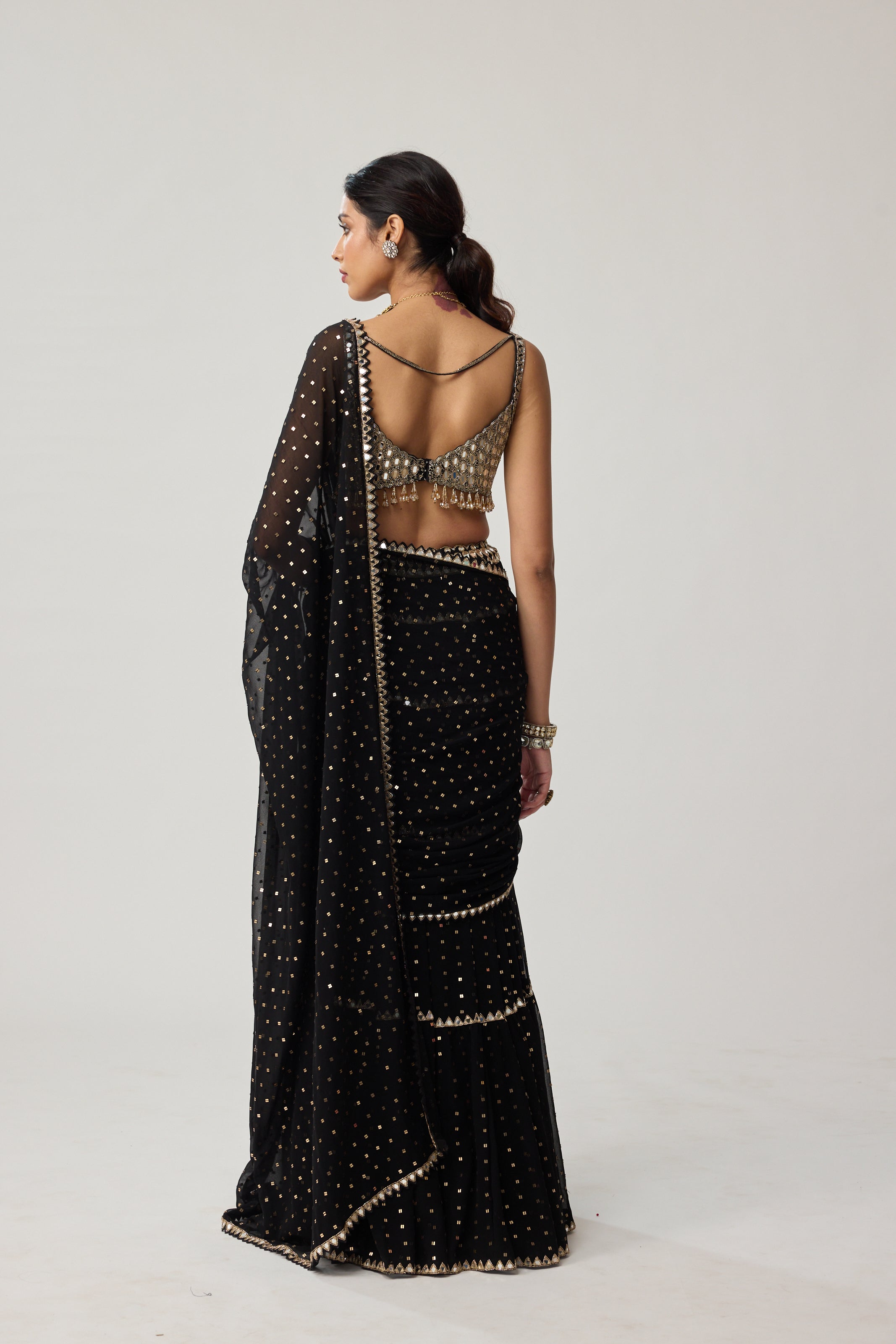 Black Georgette Multi-tier Saree Set