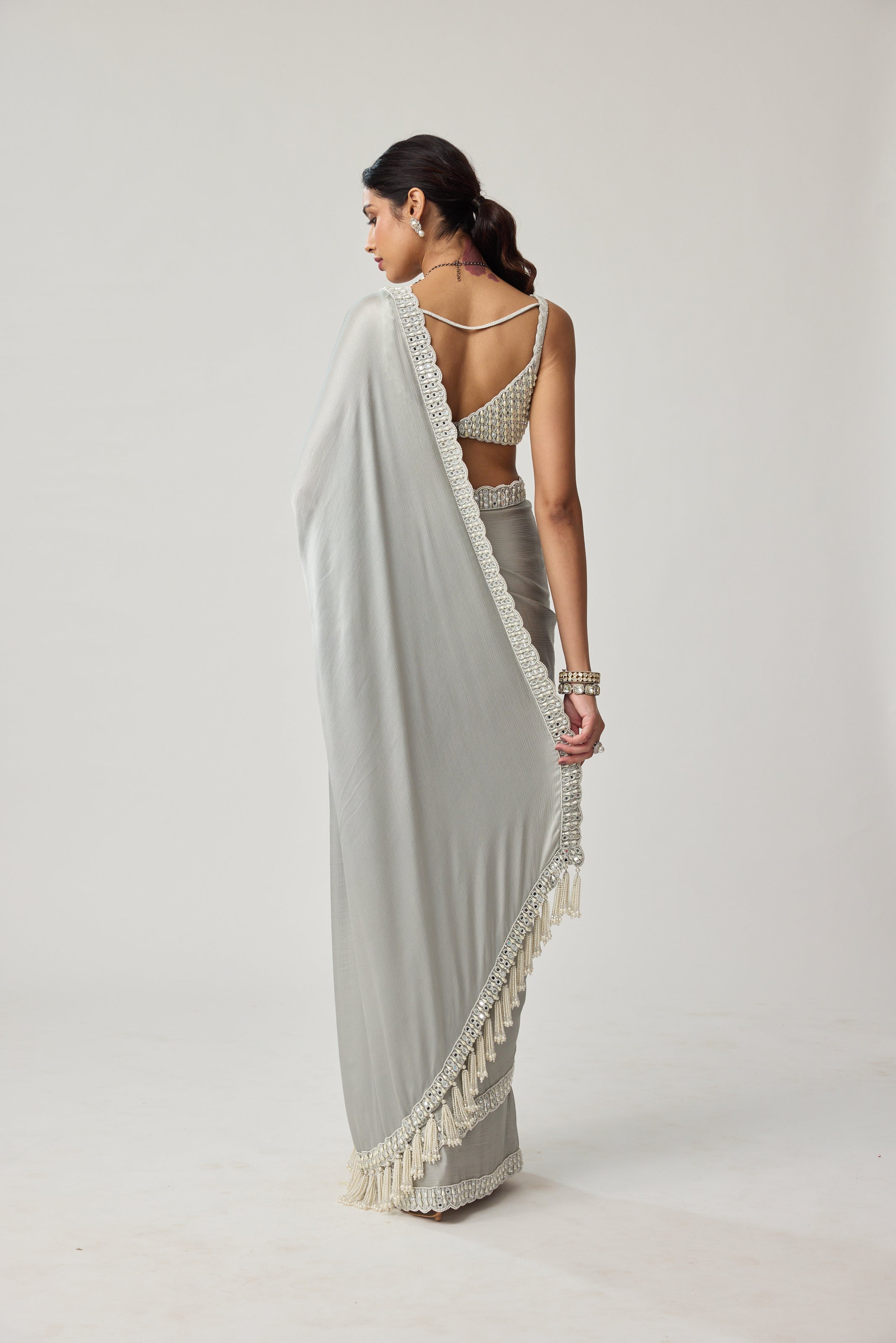 Powder Grey Chiffon Pearl and Mirror saree set