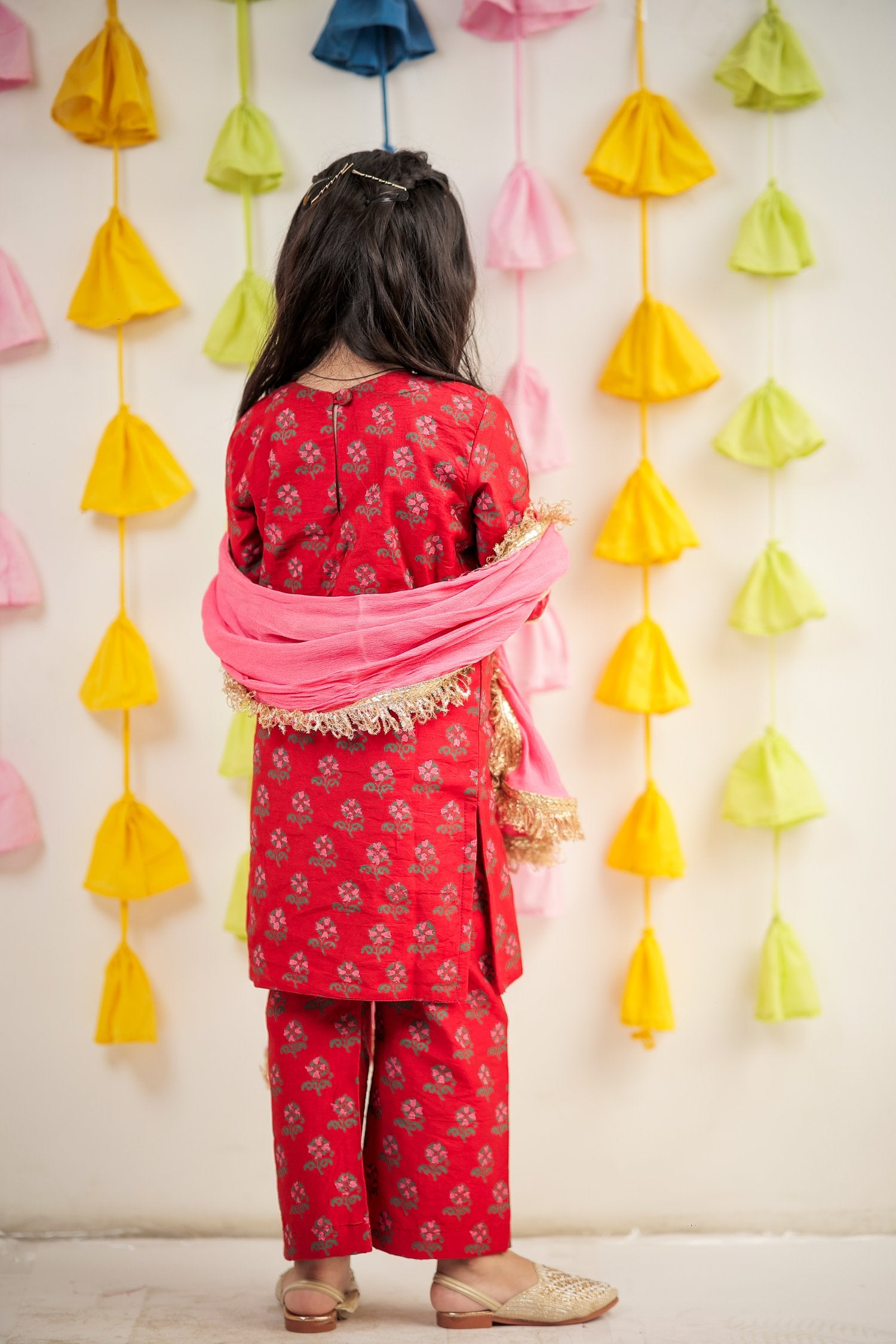 Red Block Printed Kurta With Pant And Dupatta