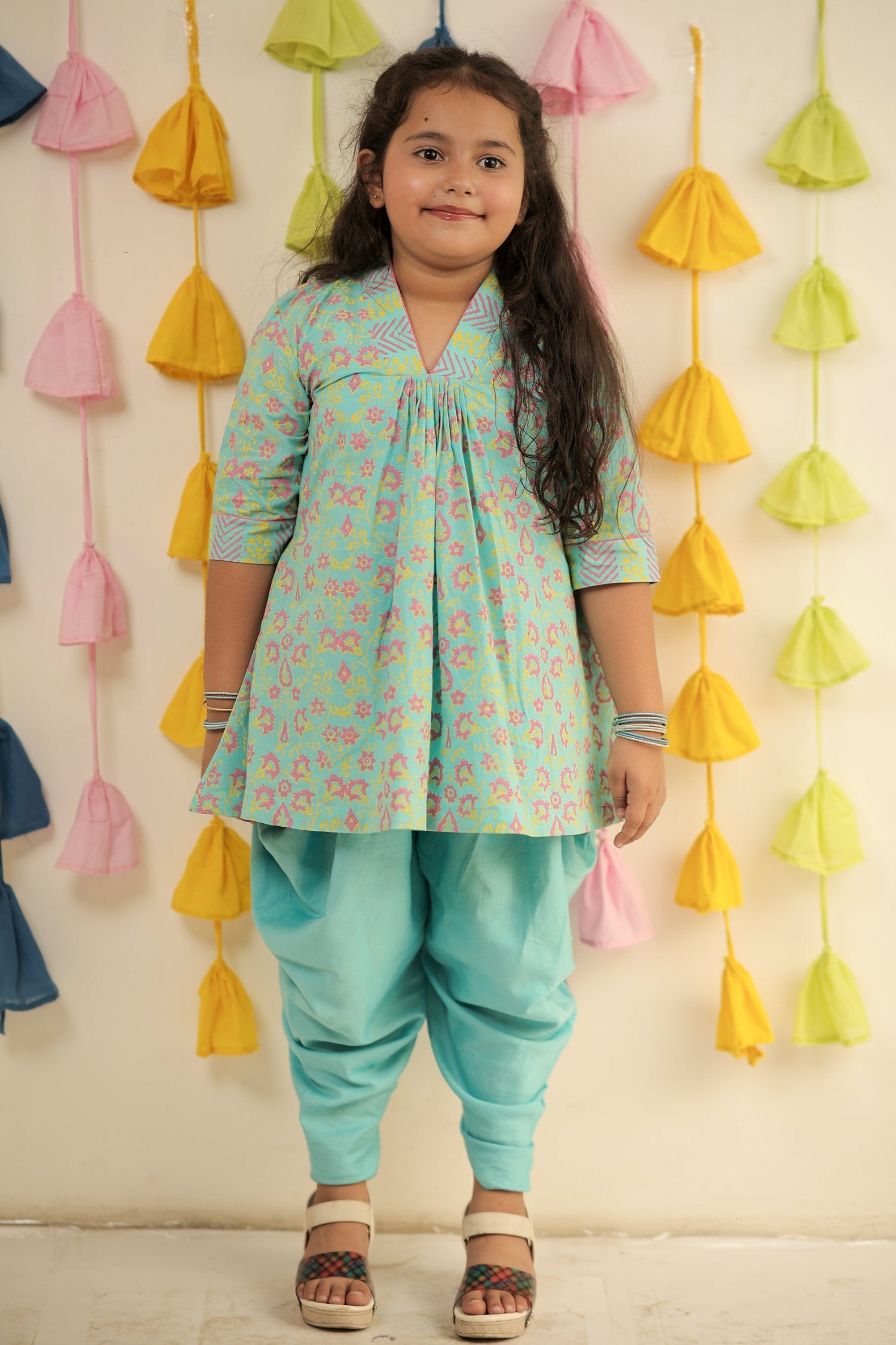 Blue Block Printed Kurta Set With Dhoti Pants