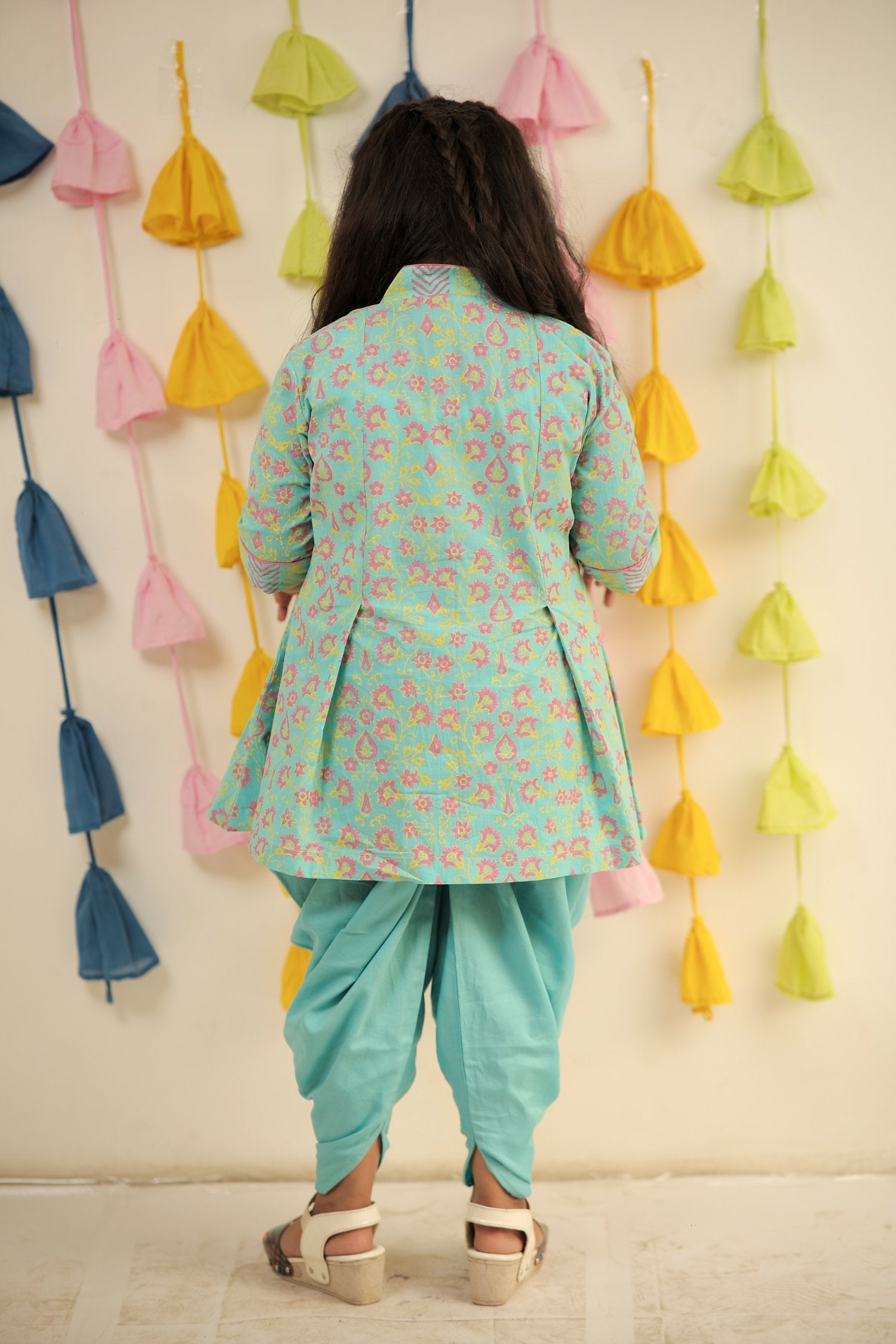 Blue Block Printed Kurta Set With Dhoti Pants