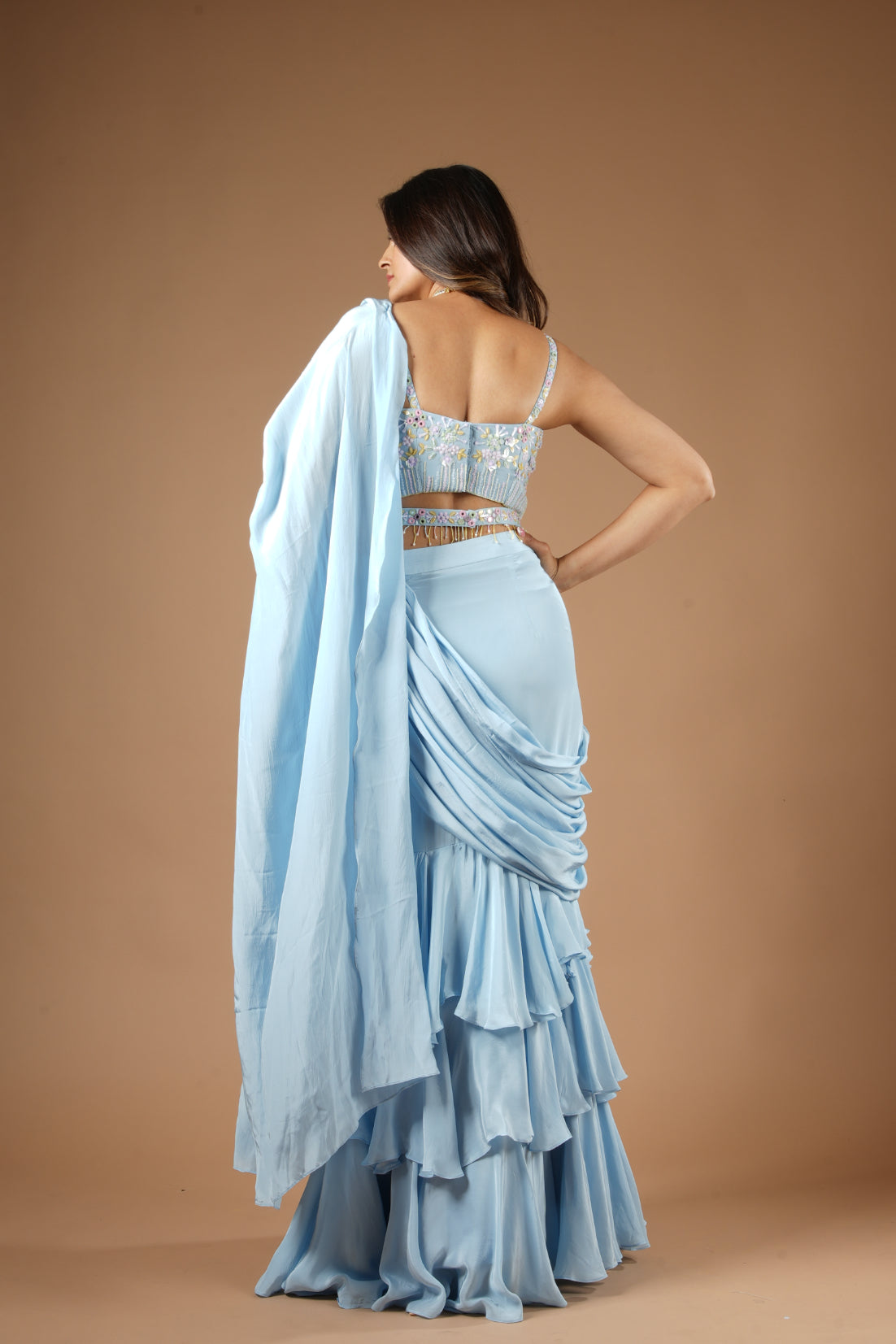 Powder Blue Viscose Ruffled Saree Set