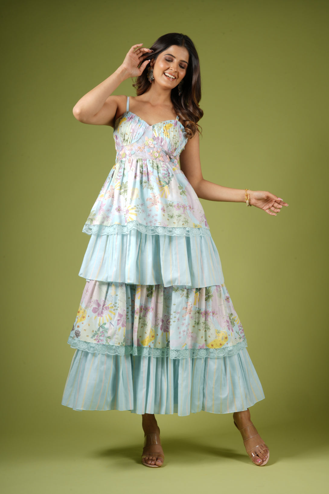 Blue Viscose Printed Layered Dress  AGASHE