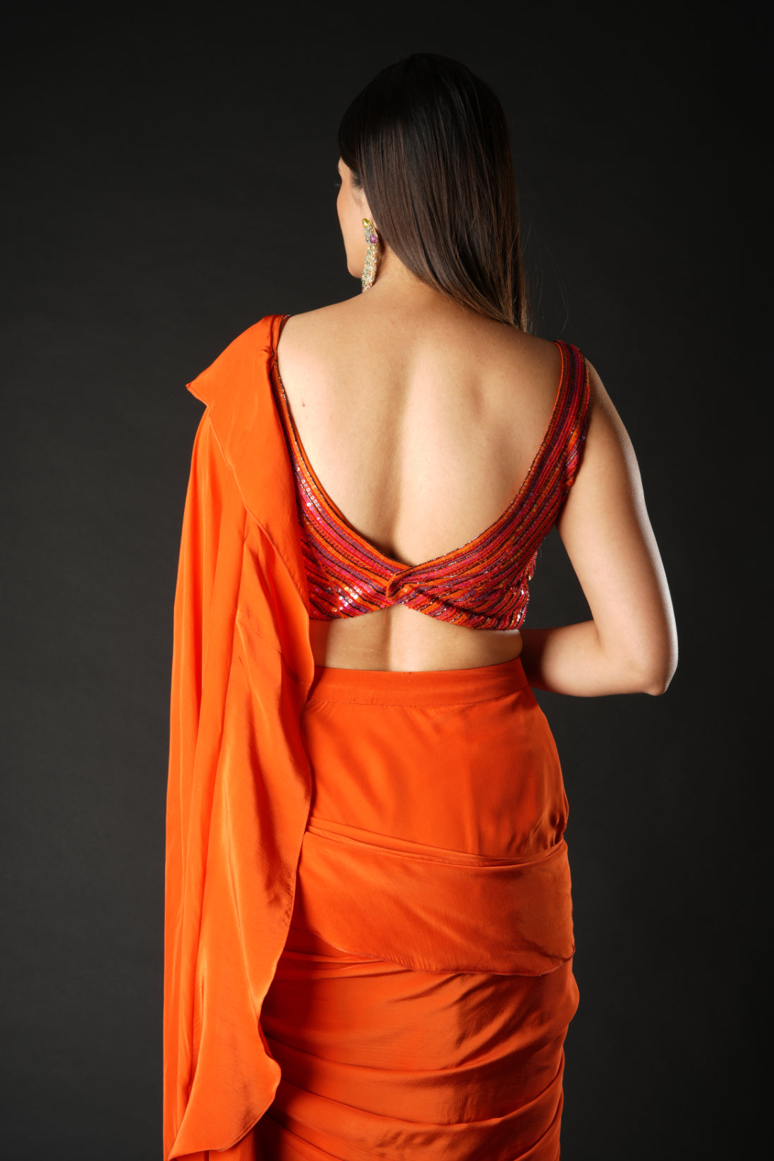 Rust Viscose Ruffled Saree Set