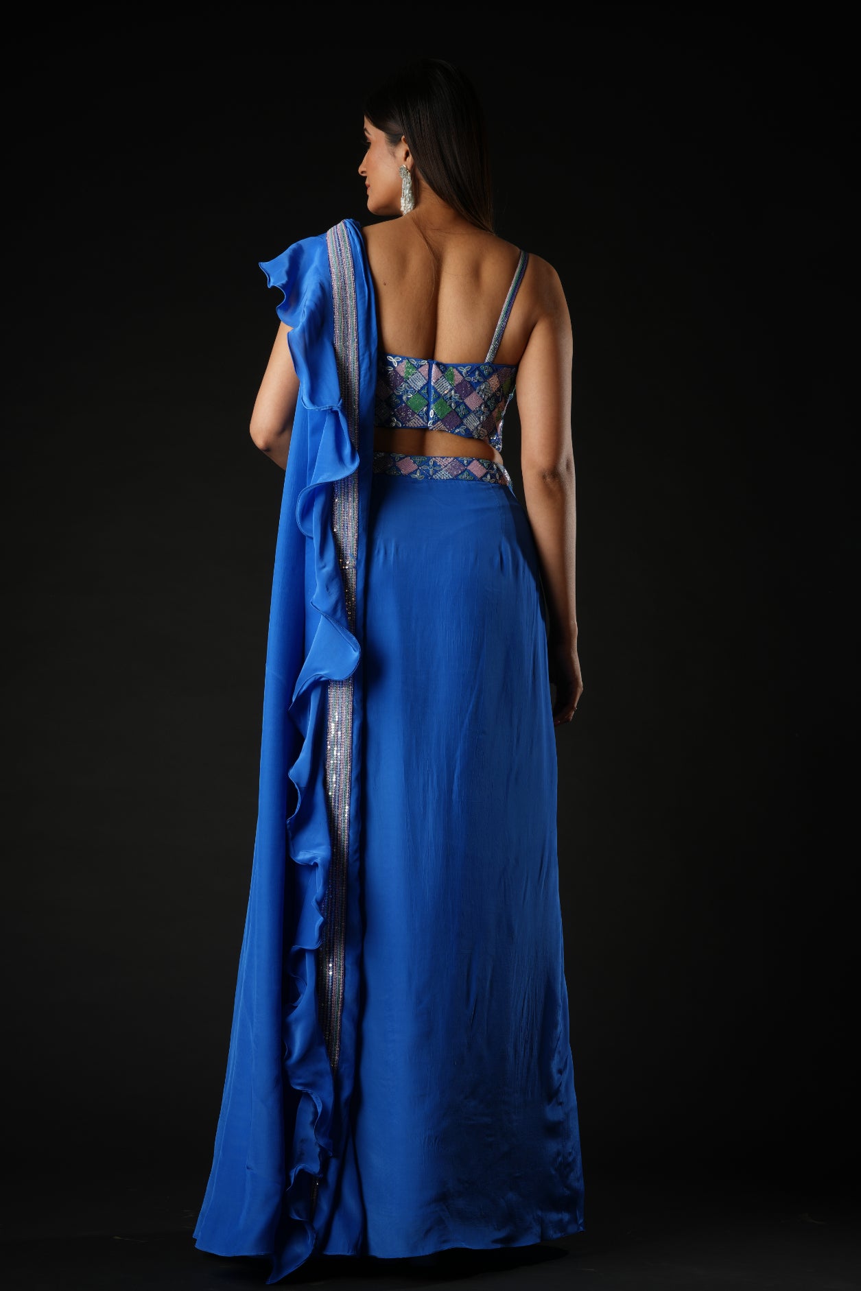 Cobalt Blue Viscose Ruffled Drape Saree Set