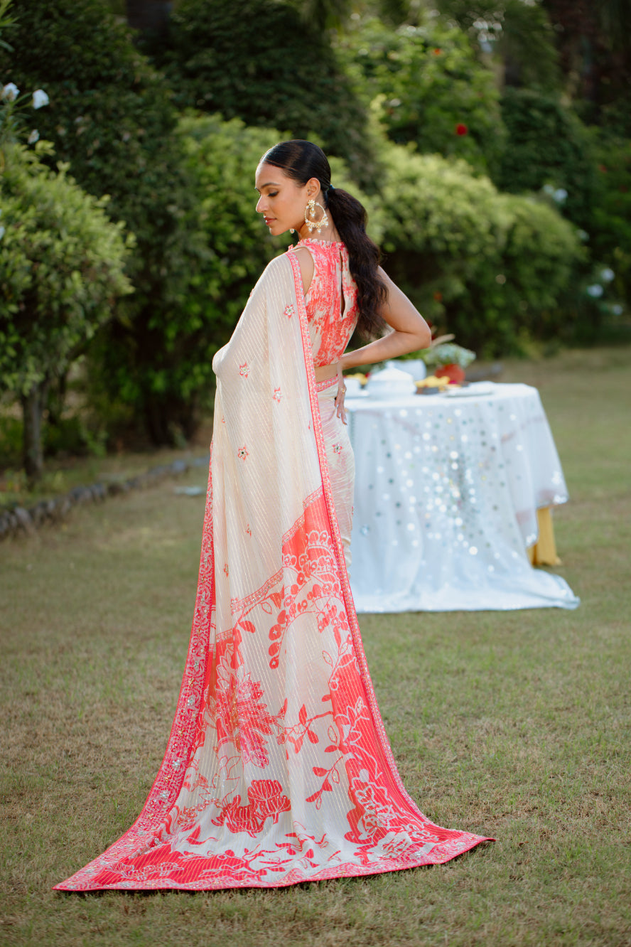 Red Viscose Georgette Digital Printed & Embroidered Saree Set