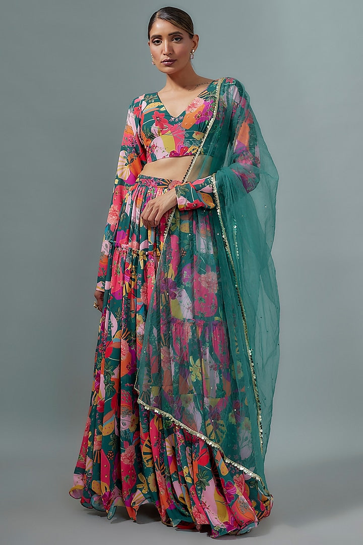 Teal Georgette Digital Printed Lehenga Set