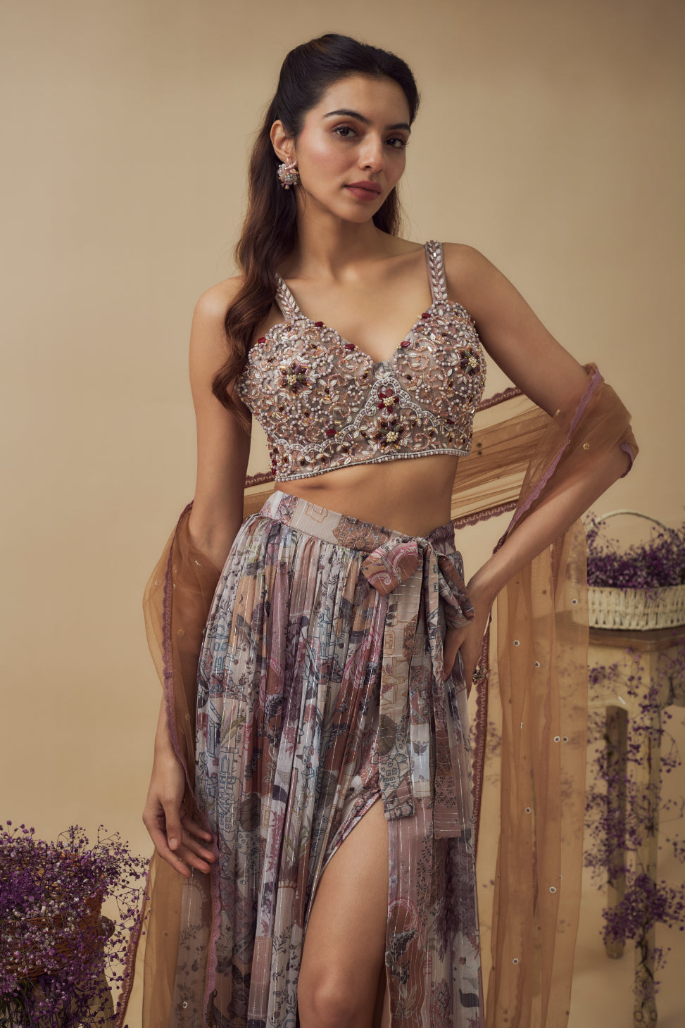 Beige Lurex Chiffon Digital Printed Asymmetric Skirt Set
