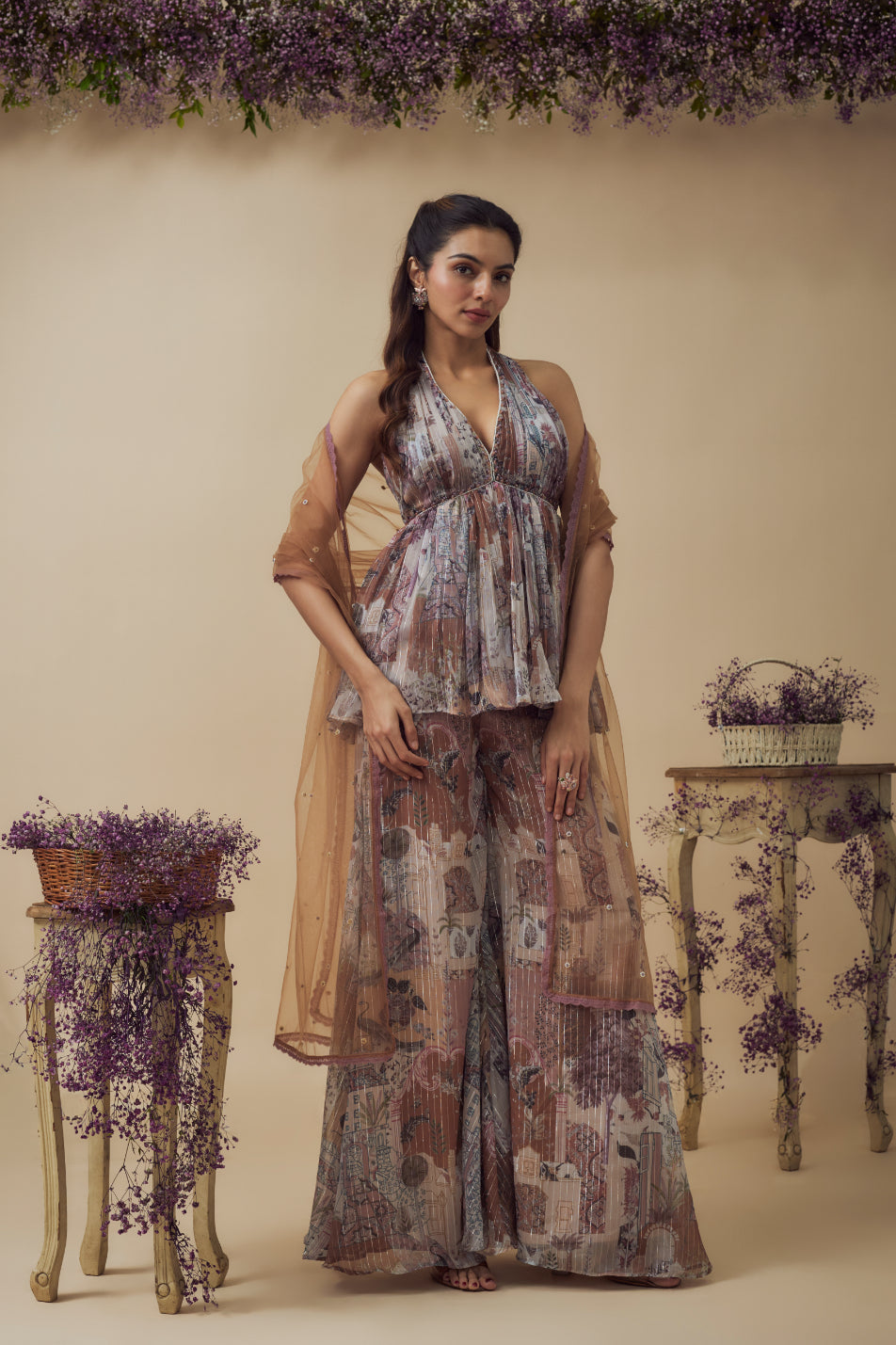 Beige Lurex Chiffon Digital Printed A-Line Palazzo Pant Set