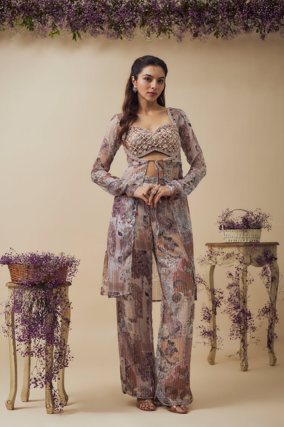 Beige Lurex Chiffon Digital Printed Co-Ord Set