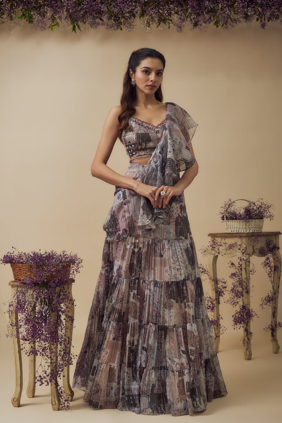 Beige Lurex Chiffon Digital Printed Draped Lehenga Set