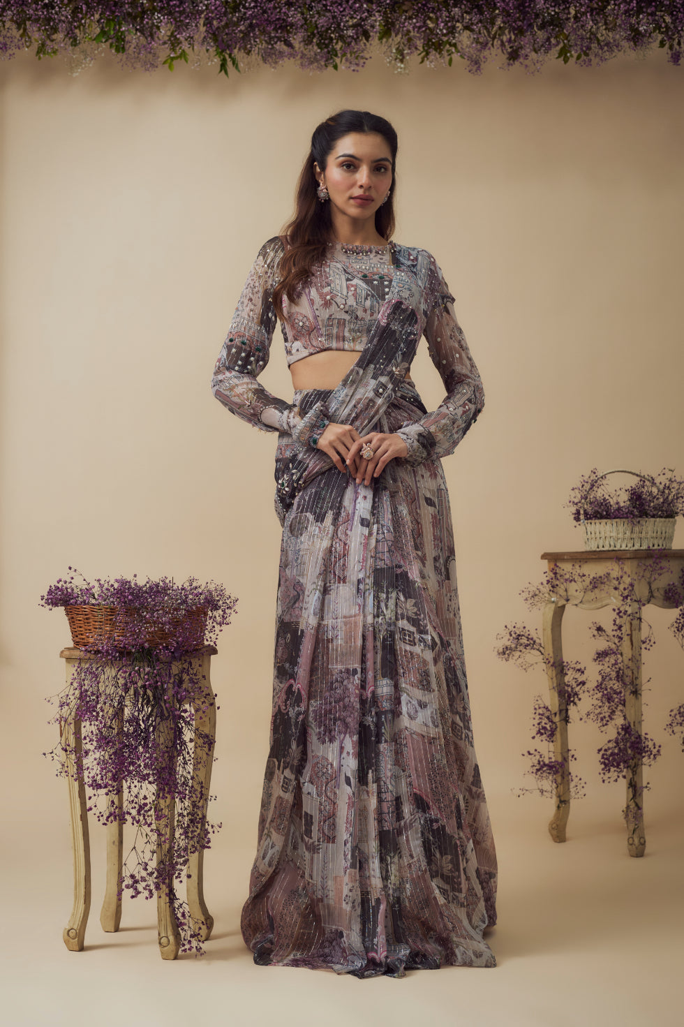 Beige Lurex Chiffon Digital Printed Ready-To-Wear Saree Set