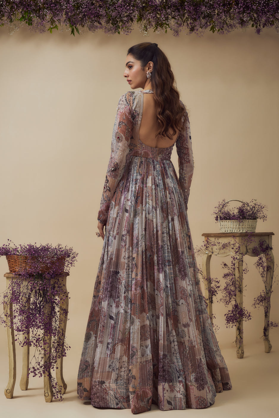 Beige Lurex Chiffon Digital Printed Gown With Dupatta