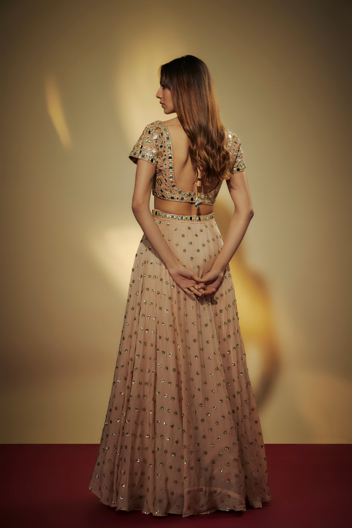 Peach Chinon Chiffon Mirror & Sequins Embroidered Lehenga Set