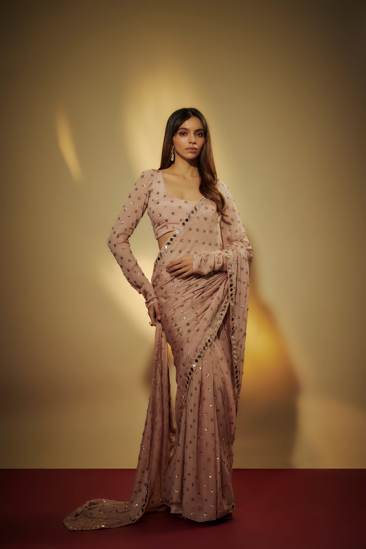 Mauve Chinon Chiffon Sequins Embroidered Pre-Draped Saree Set