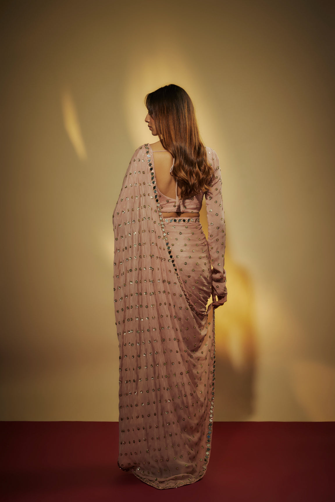 Mauve Chinon Chiffon Sequins Embroidered Pre-Draped Saree Set