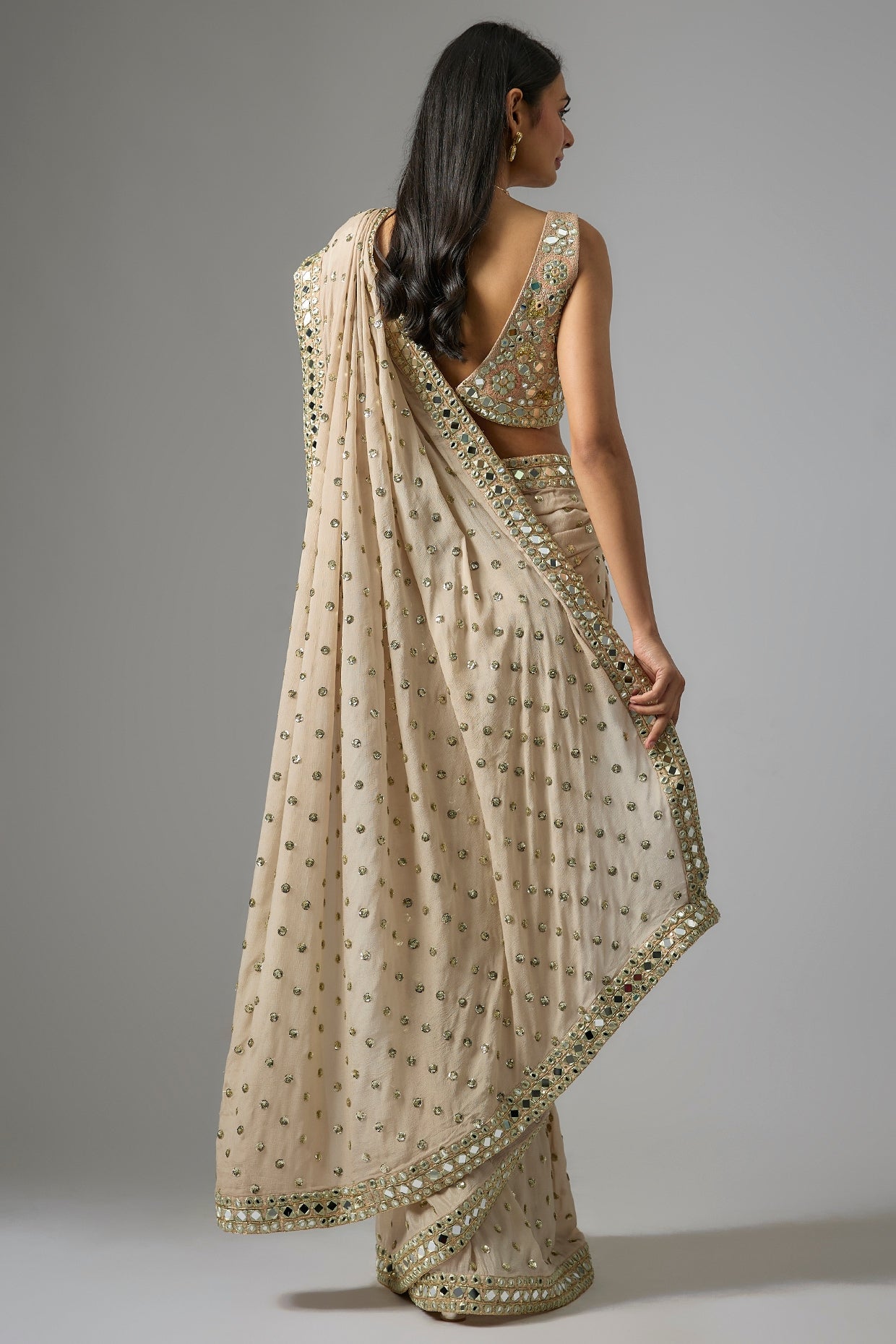 Latte Shade Viscose Chinon Mirror Embroidered Saree Set