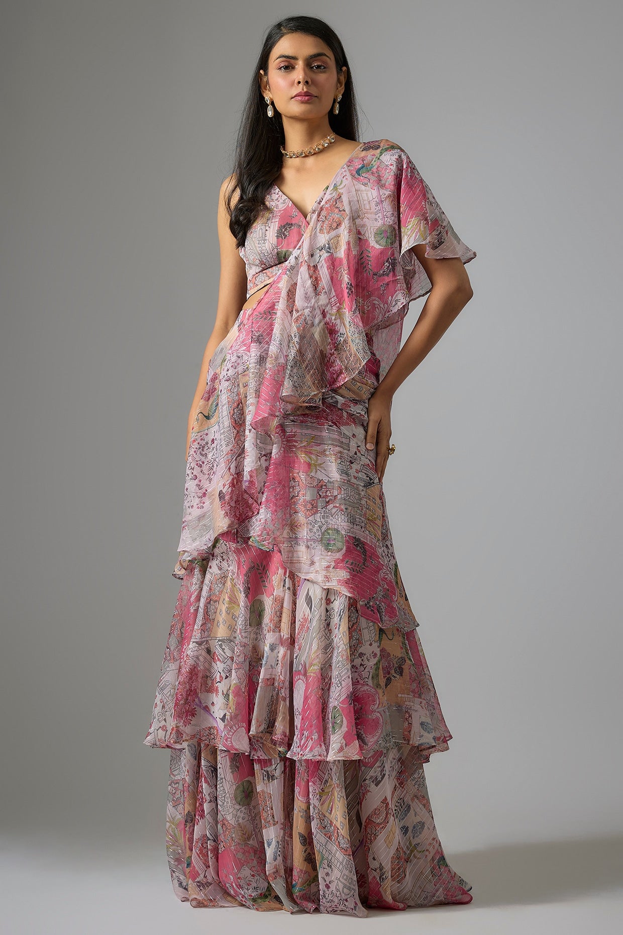 Beige Lurex Chiffon Printed Pre-Draped Ruffled Saree Set