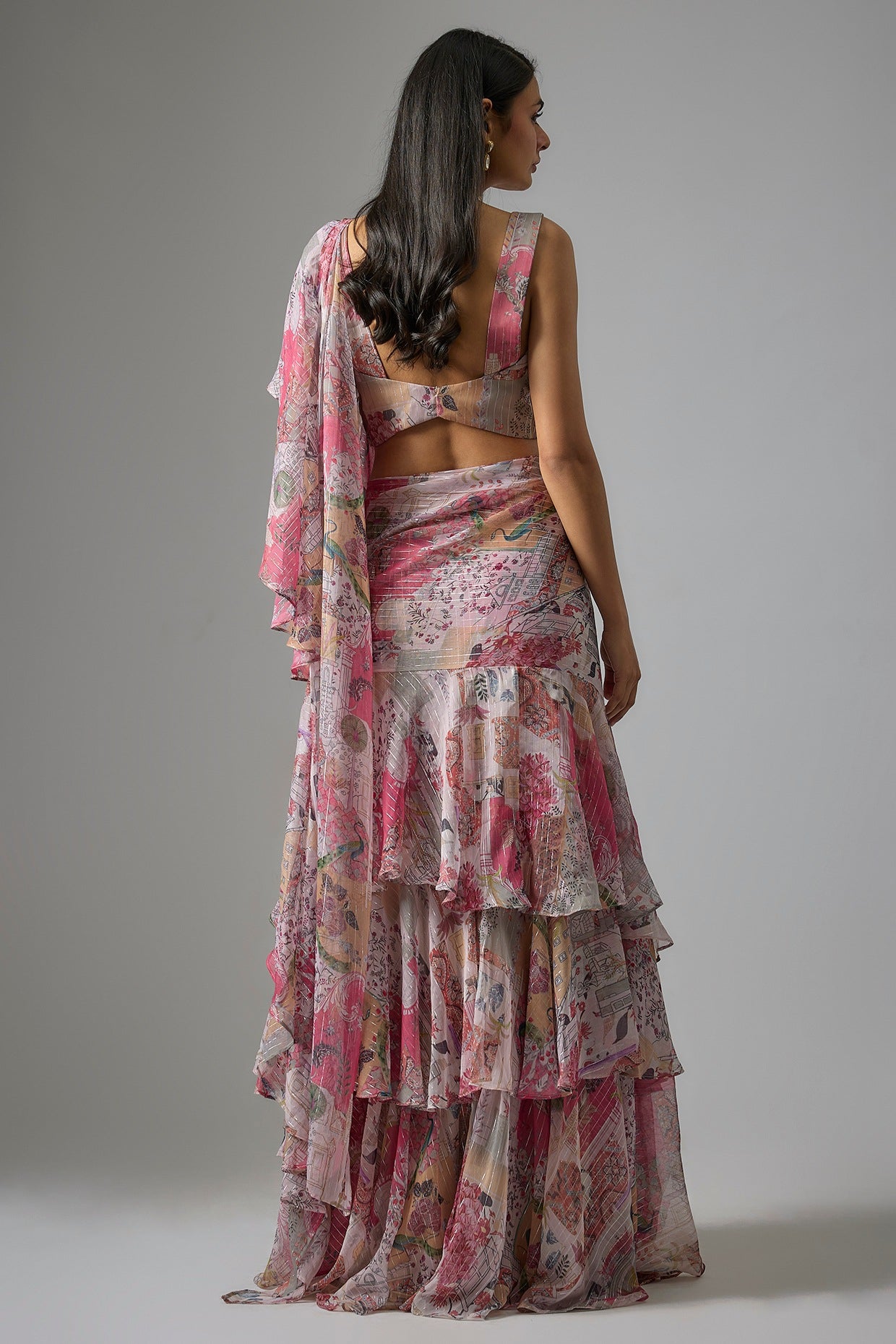 Beige Lurex Chiffon Printed Pre-Draped Ruffled Saree Set