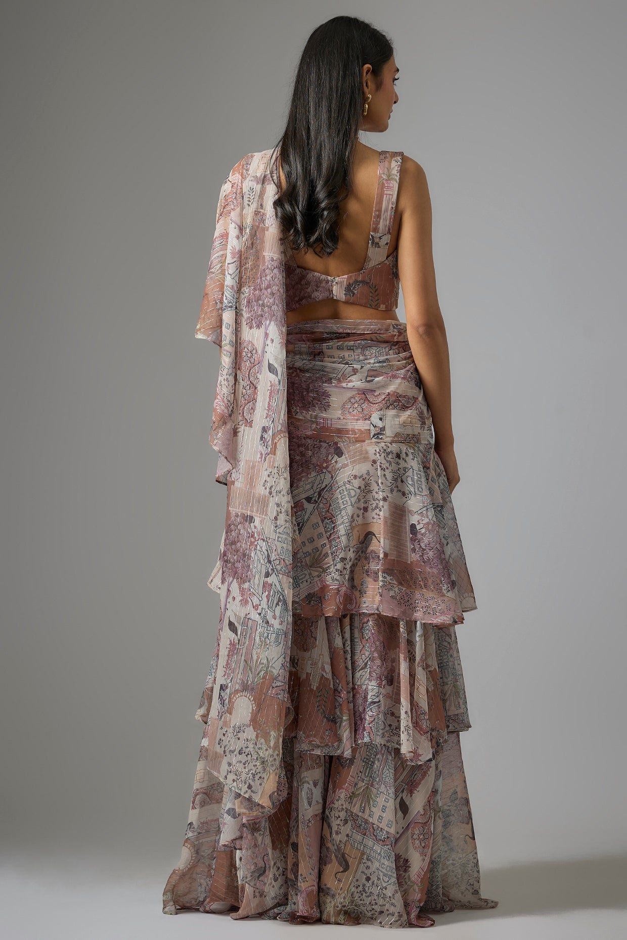 Beige Lurex Chiffon Printed Pre-Draped Ruffled Saree Set