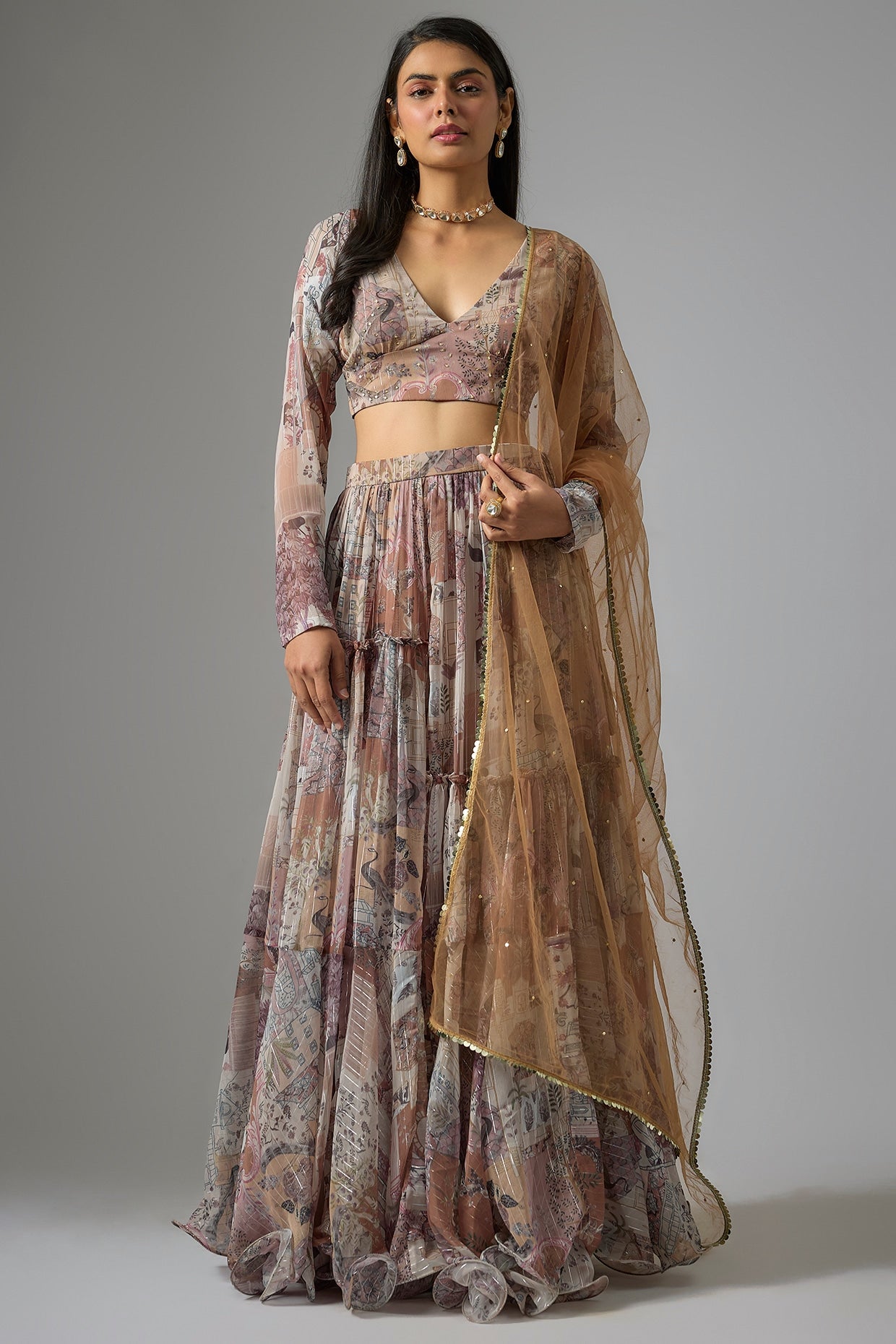Beige Lurex Chiffon Printed Lehenga Set