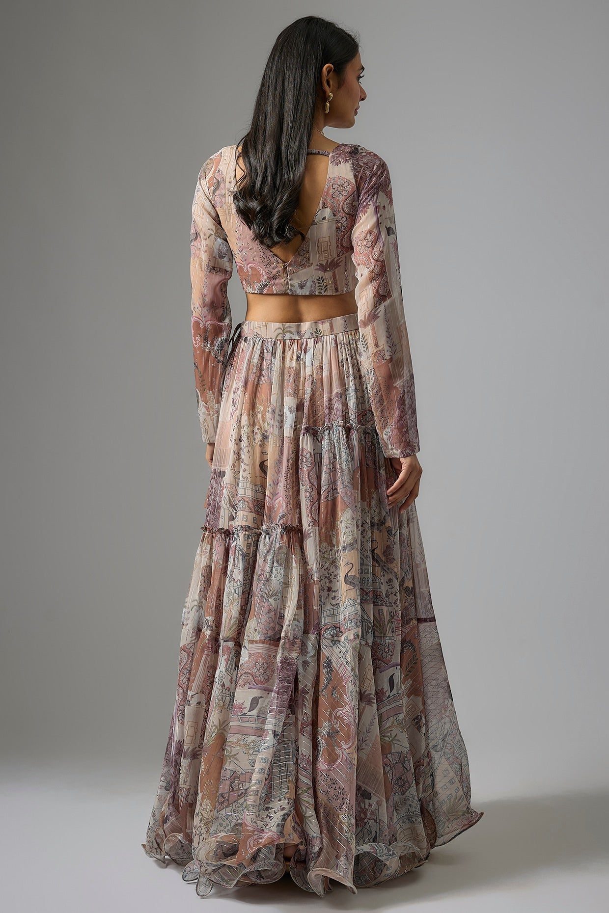 Beige Lurex Chiffon Printed Lehenga Set