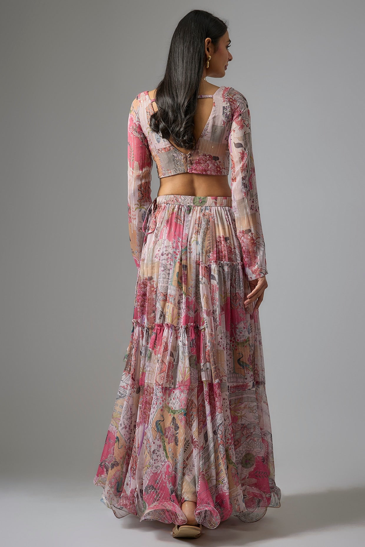 Beige Lurex Chiffon Printed Lehenga Set