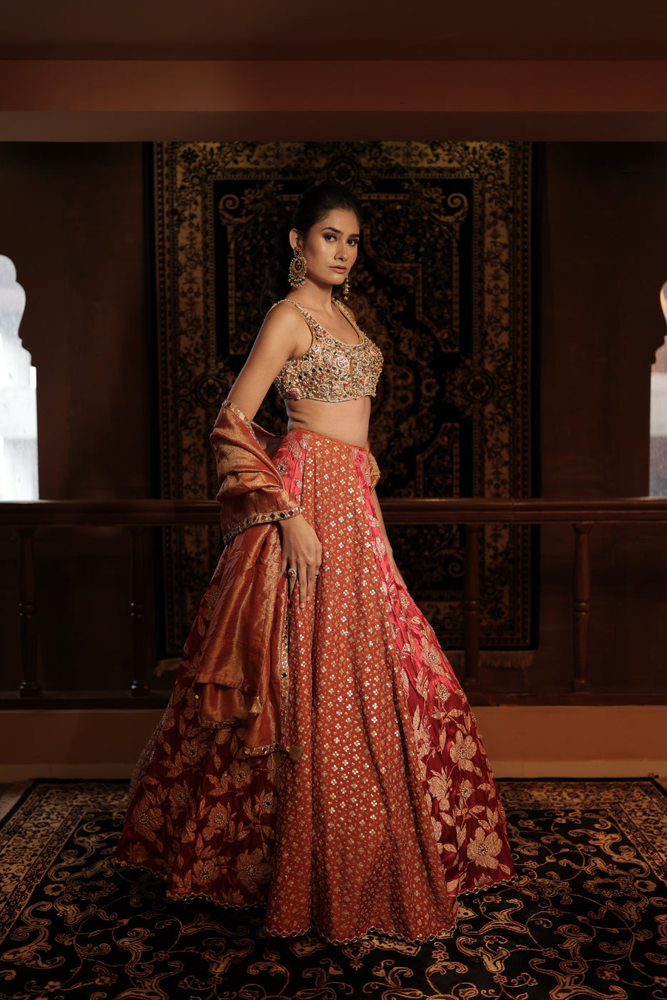 Red & Rust Gajji Silk Sequins Embellished Lehenga Set