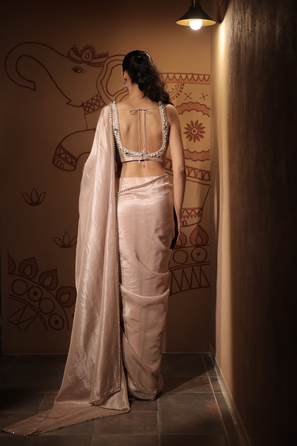 Champagne Tissue Pearl Embellished Saree Set