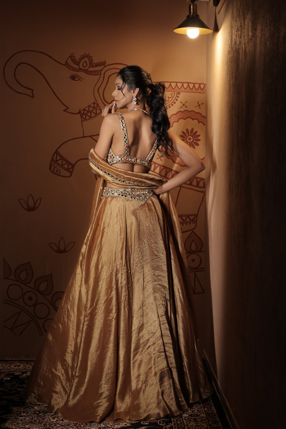 Antique Gold Tissue Mirror Embroidered Lehenga Set