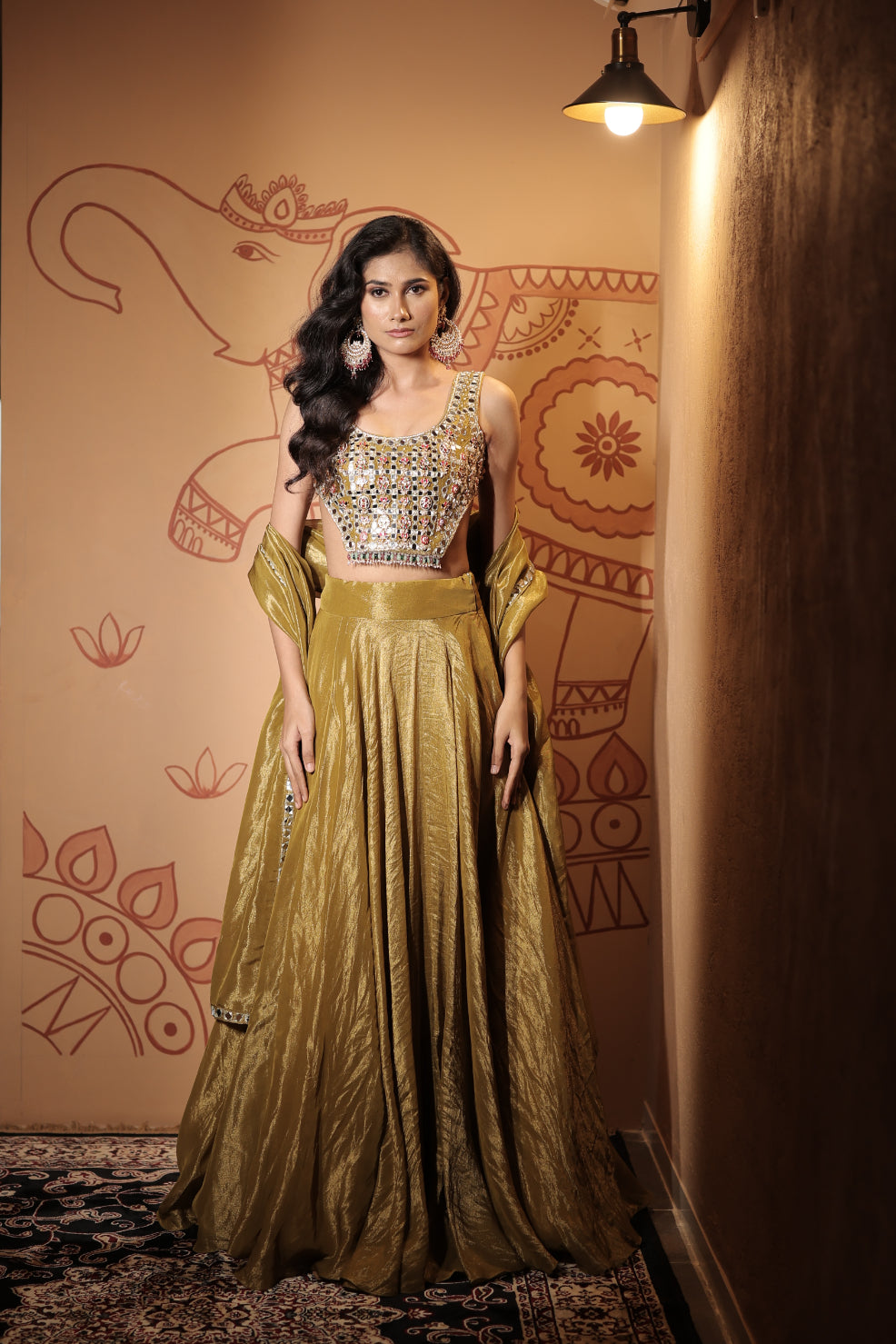 Moss Gold Tissue Mirror Embellished Lehenga Set
