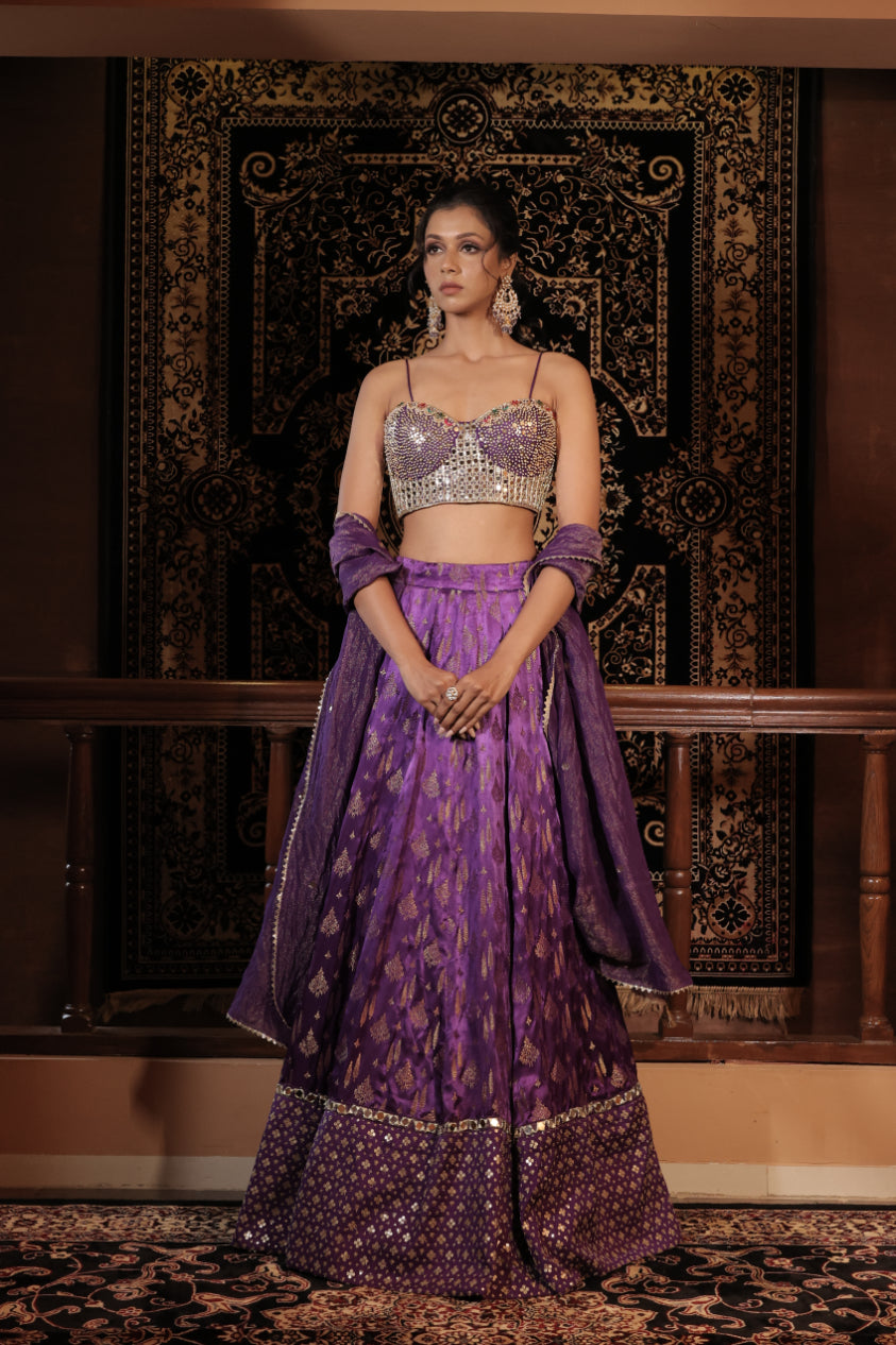 Purple Banarasi Silk Mirror Embellished Lehenga Set