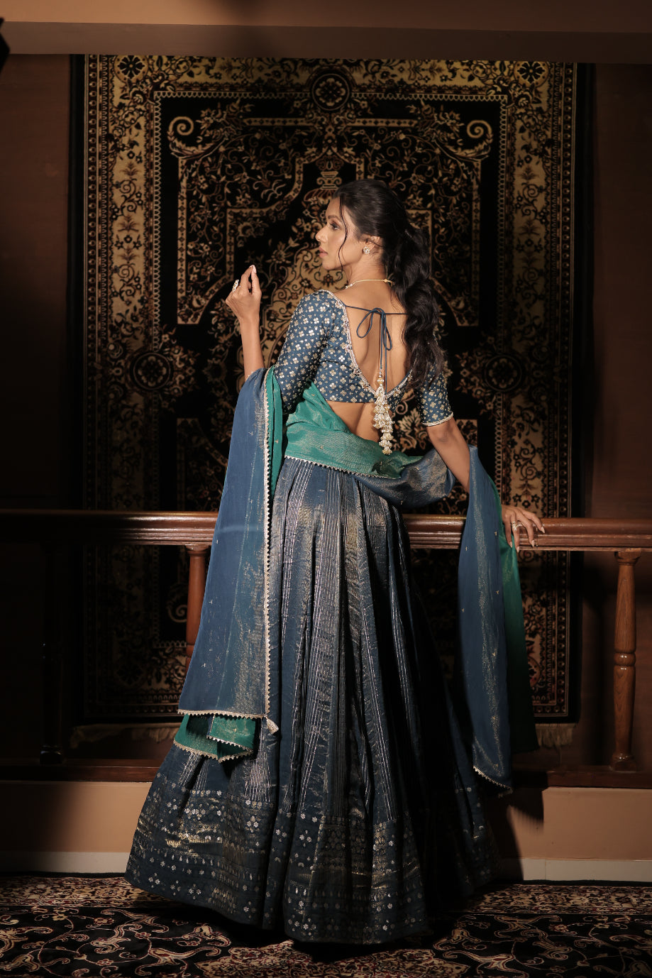 Midnight Teal Banarasi Sequins Embellished Lehenga Set