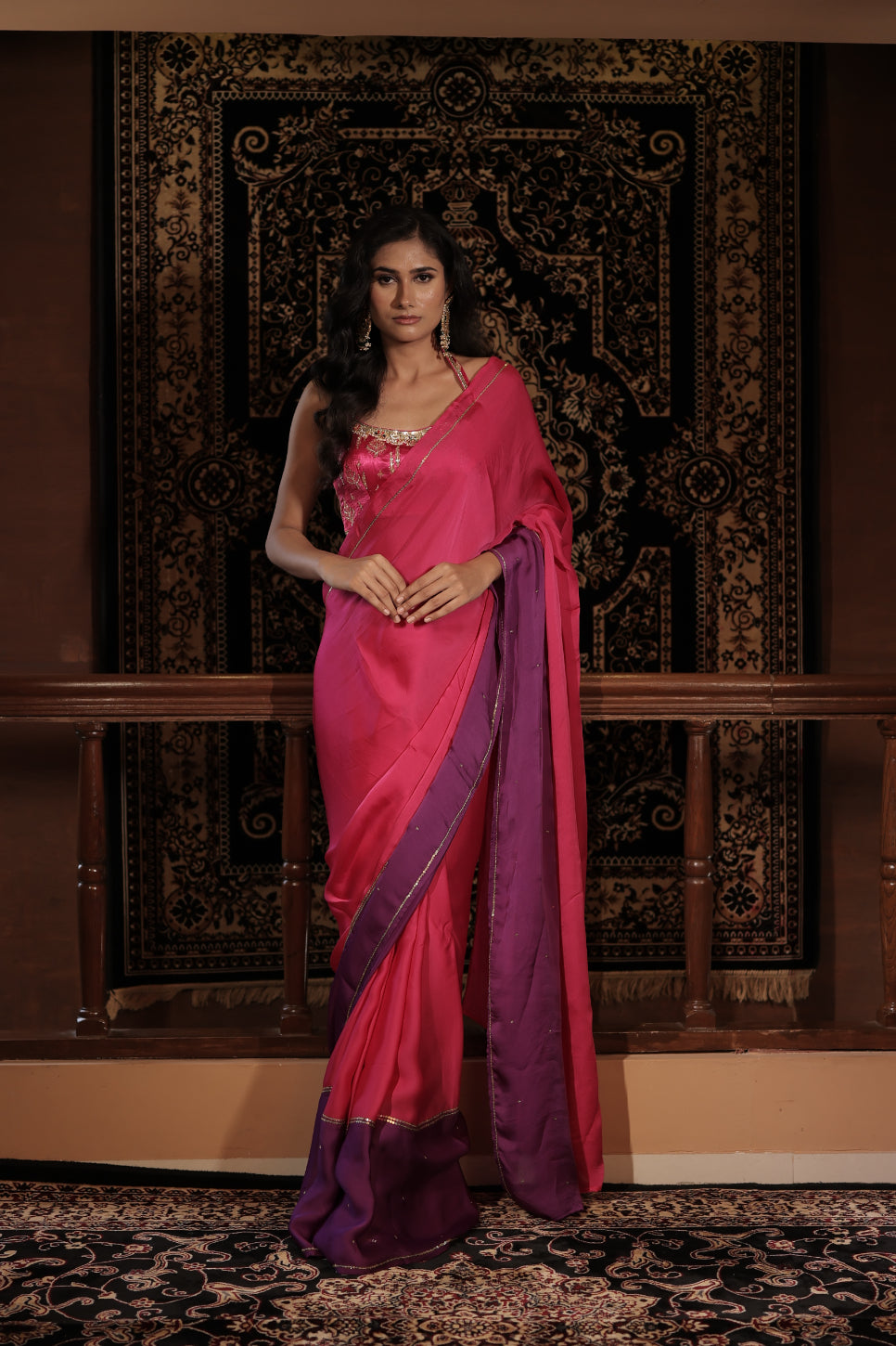 Pink Organza Satin Pita Work Saree Set