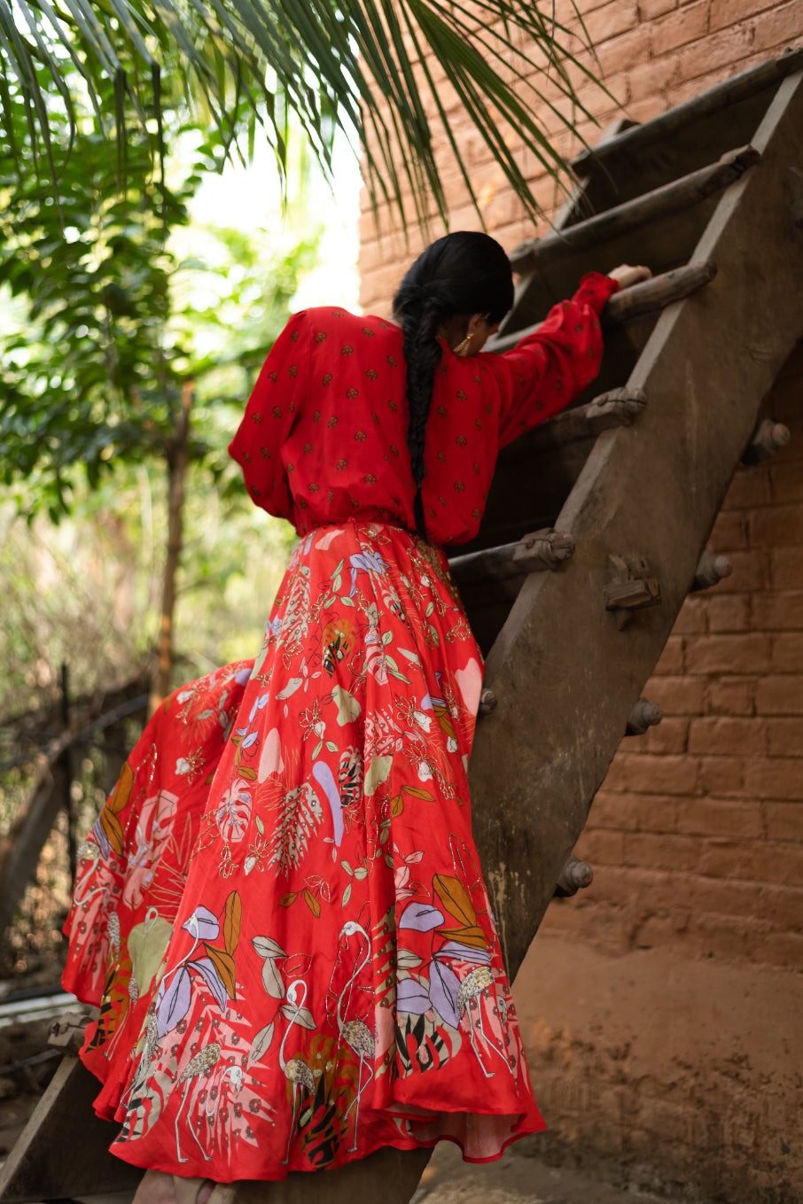 Red Embroidered Skirt Set