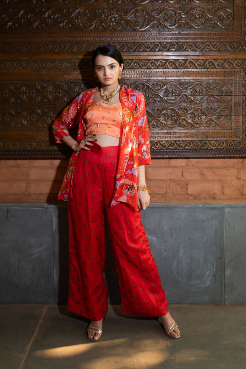 Red Printed Pant Set