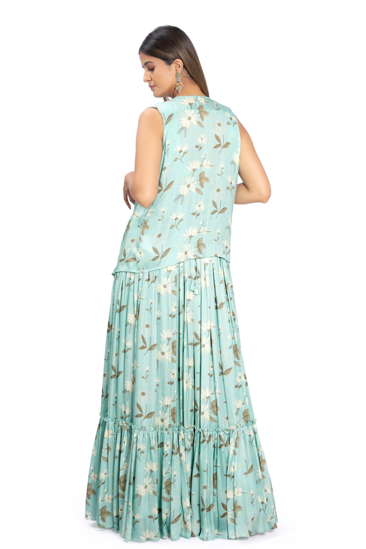 Turquoise Viscose & Satin Printed Skirt Set