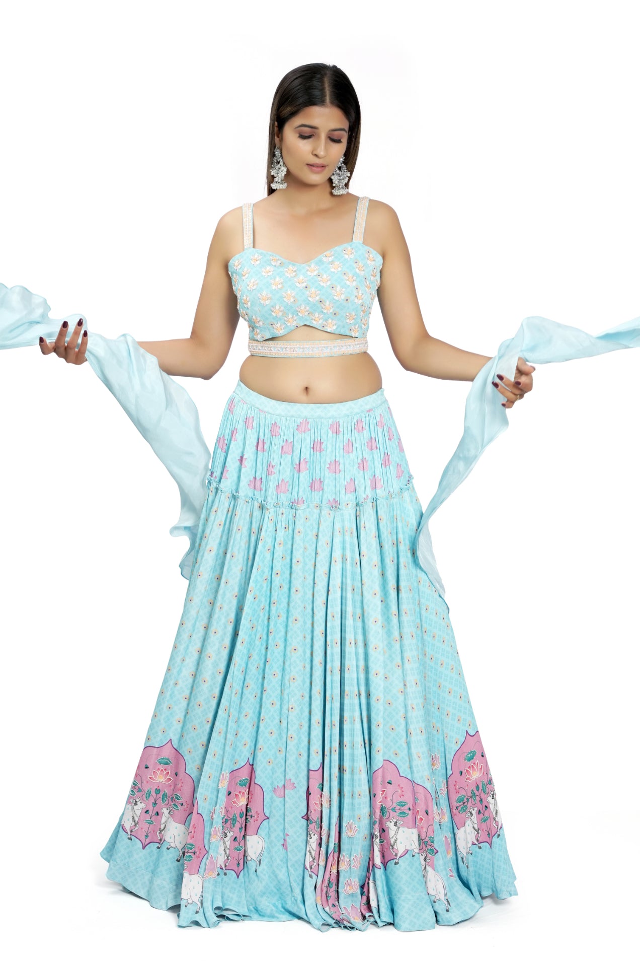 Sky Blue Embroidered & Printed Lehenga Set