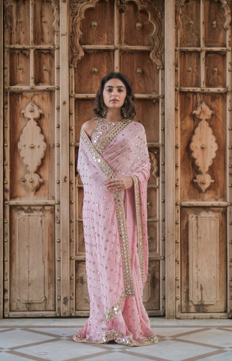 Blush Pink Chinon Hand Embroidered Saree Set