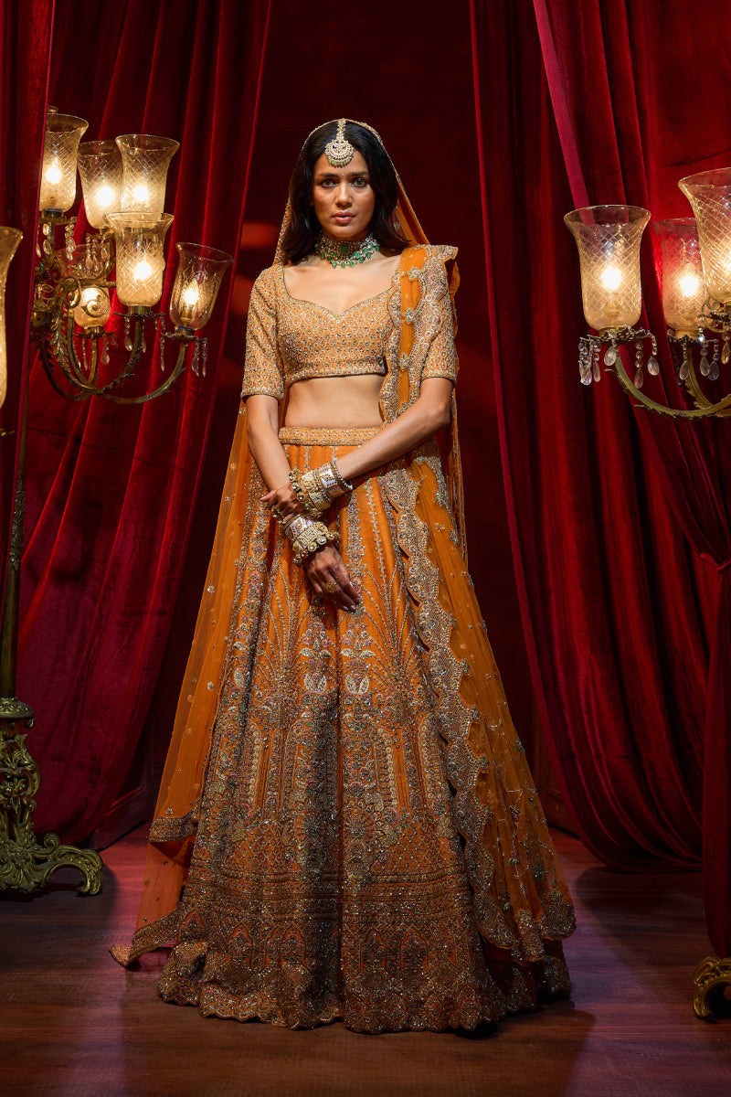 Rust Raw Silk Hand & Machine Embroidered Lehenga Set