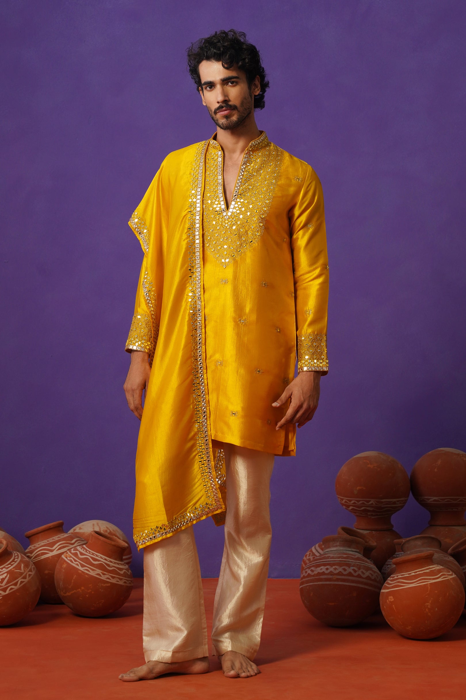 ZOHAYR HALDI V-NECK MIRROR KURTA DUPATTA SET
